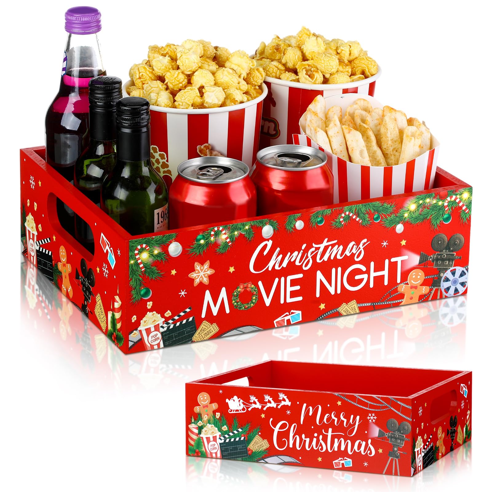 GlikCeil Movie Night Supplies Snack Trays with Handles Reusable Wooden Movie Gift Basket for Theater Popcorn Bucket Bowl Box Container Family Room