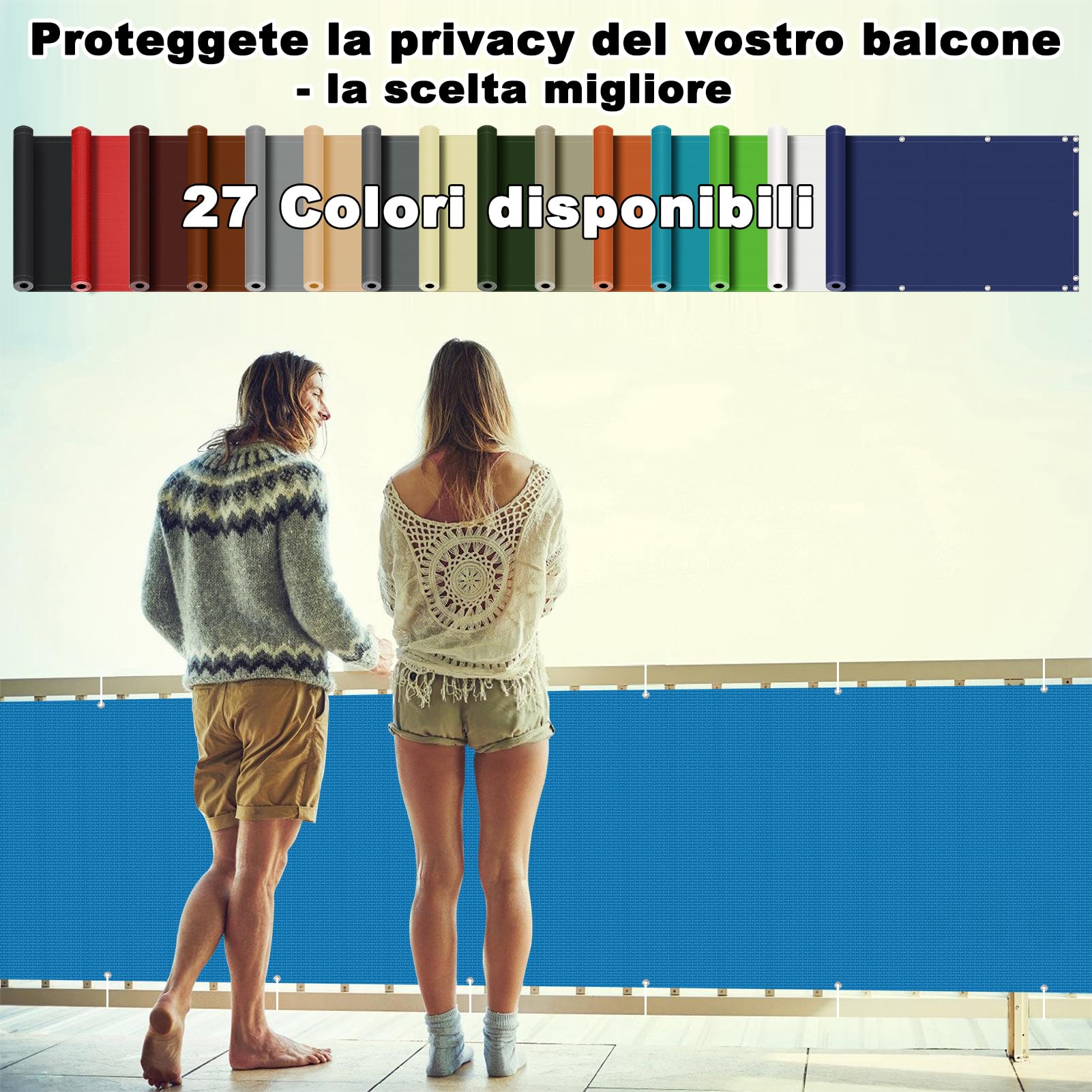 Telo Balcone 0.75 x 9m, 165g/m² Blocco UV al 96% Teli Ombreggianti Da Esterno con Fascette, Facile da Montare per Balcone Giardino Terrazza, Blu Cielo
