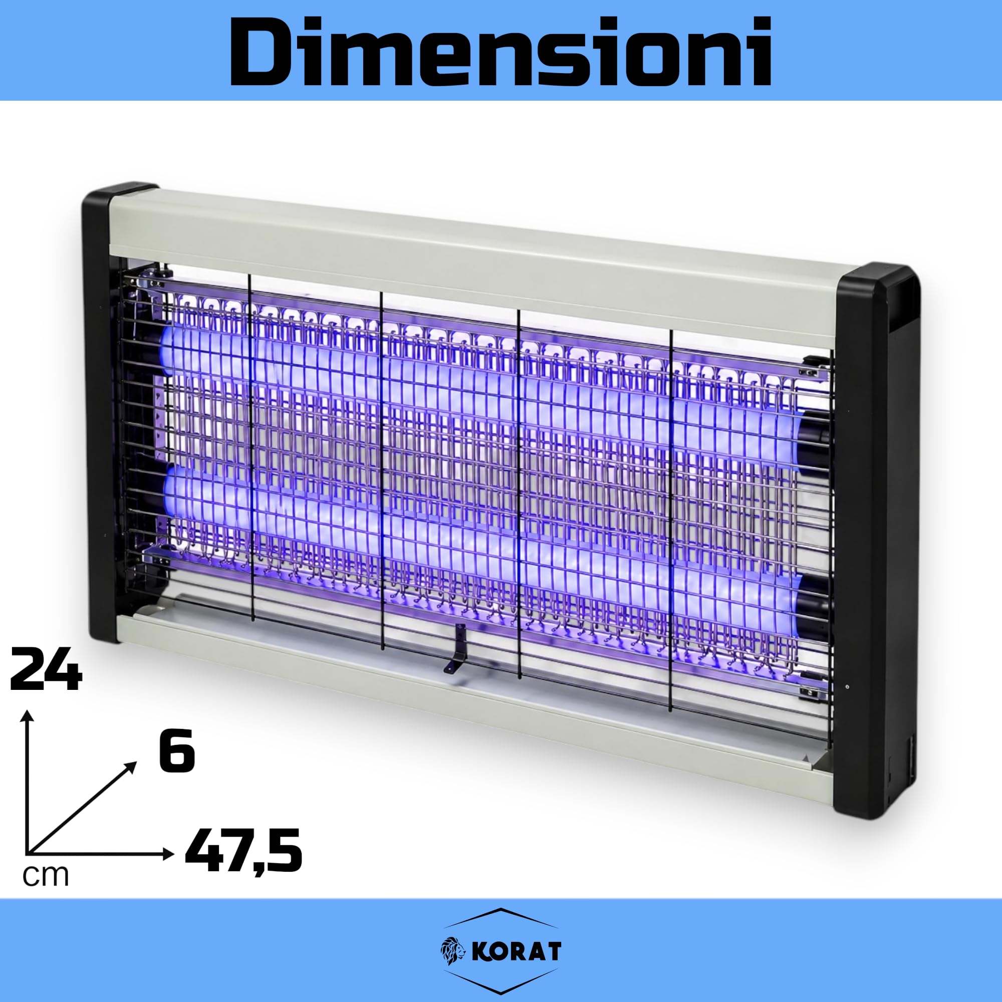 KORAT Lampada Zanzare Elettrica LED UV 2x5W, Zanzariera Elettrica Professionale con Griglia ad Alta Tensione, Vaschetta Estraibile, Silenziosa, per Casa, Ufficio, Negozio - 47,5x6x24 Cm
