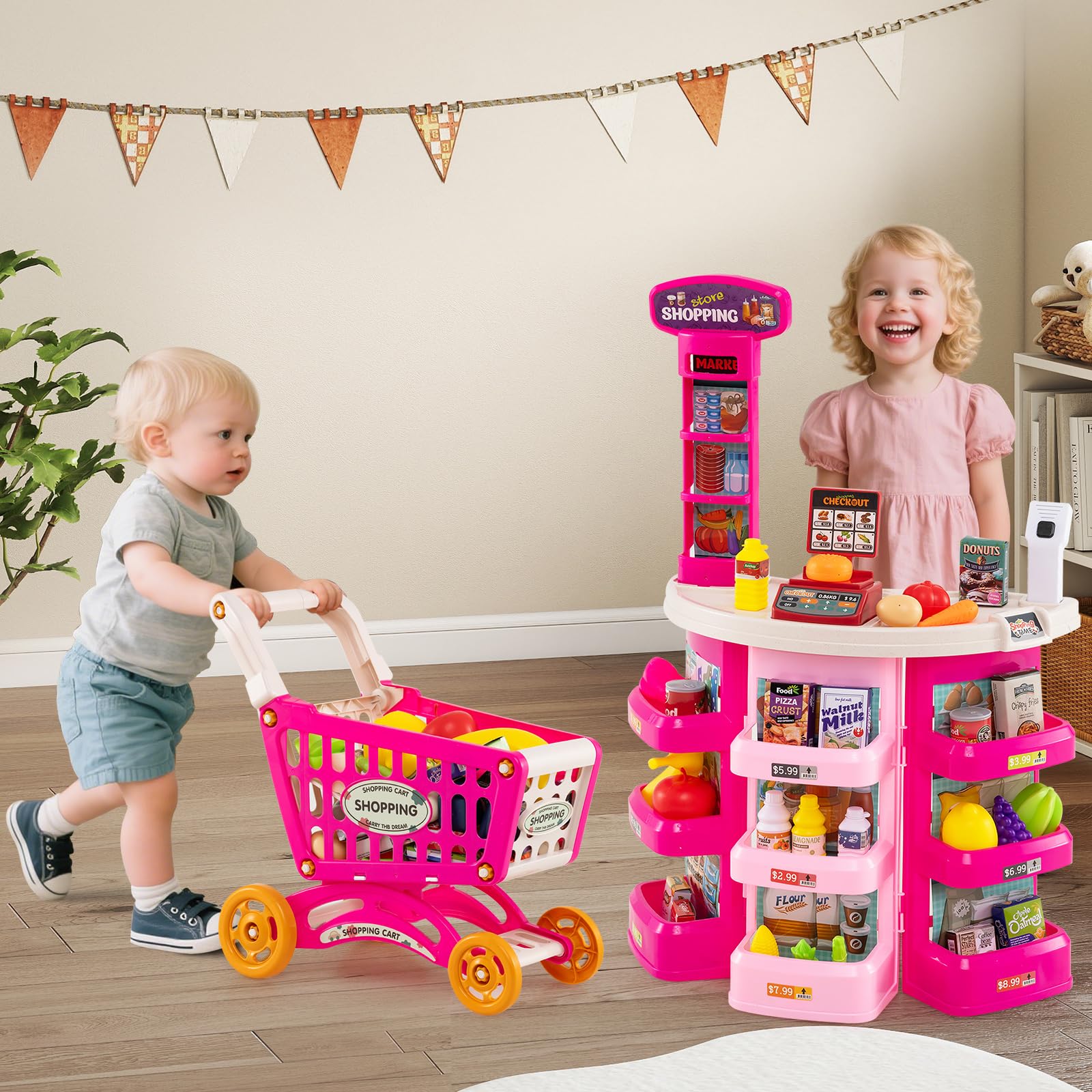 COSTWAY 29 PCS Marchande Enfants avec Chariot de Courses & Scanner avec Lumière et Son, Supermarché Enfant avec Étagères, Caisse & Balance, pour Garçons Filles 3+ Ans (Rose)