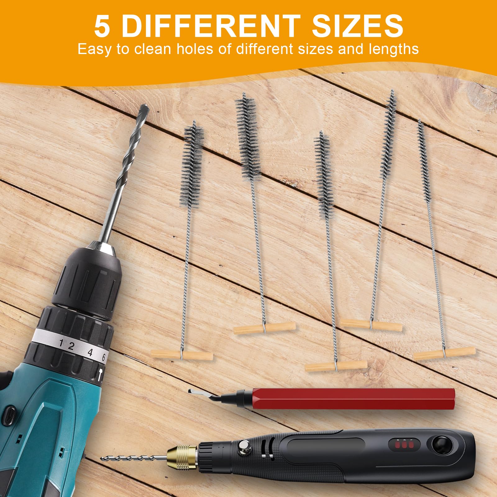 5 PCS Pipe Drill Hole Brush Set,8/12/16/20/25 mm T-Handle Pipe Cleaner Brush Stainless Steel Hole Brush,Wire Hole Brush for Cleaning for Hammer Drills - Image 4