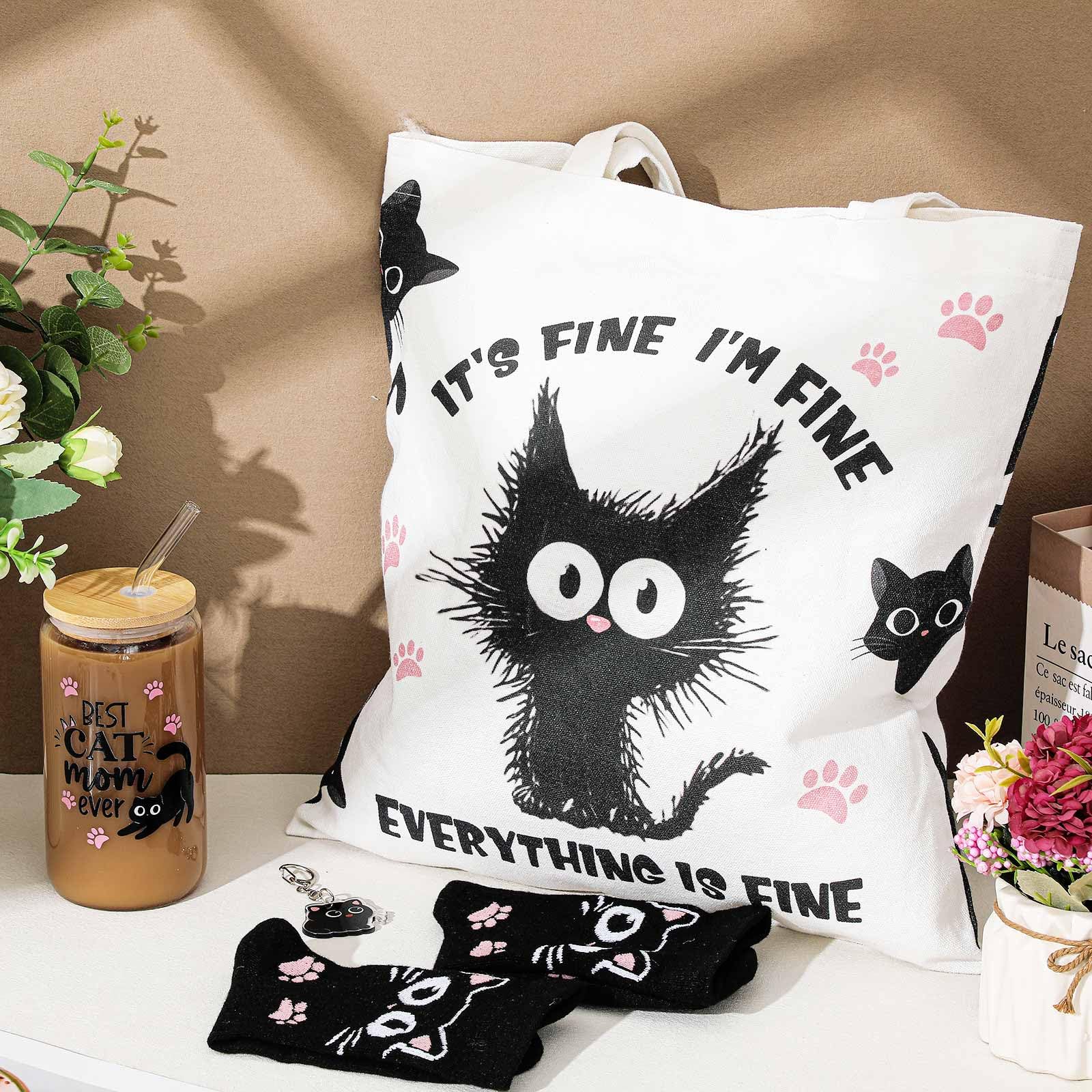 Paterr 4 regalos para amantes de los gatos para mujeres, regalo temático de gatos para cumpleaños con bolsa de lona de vidrio de 16 onzas con calcetines de pajita, bonito llavero