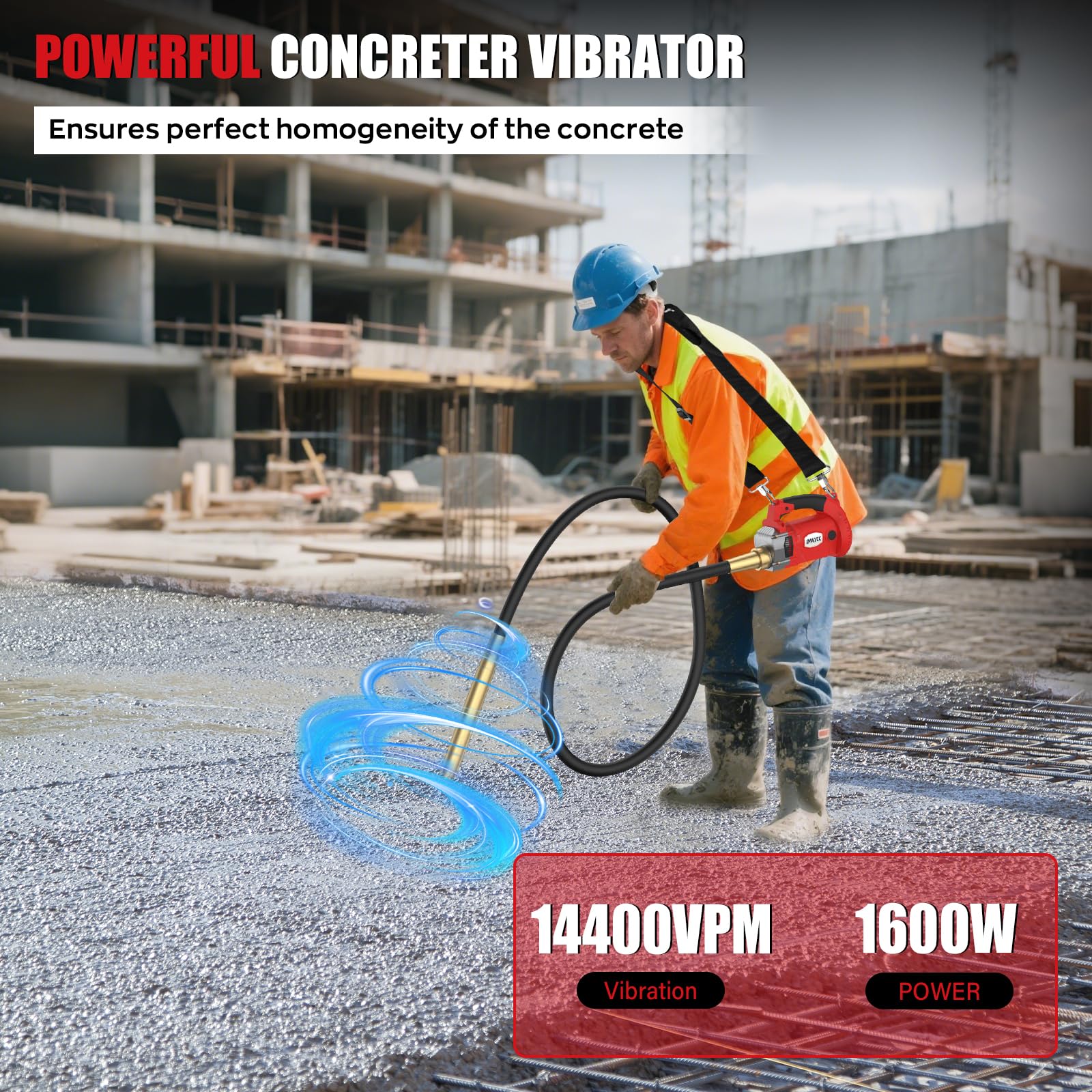 IMAYCC 1600W Vibratore per Calcestruzzo con cinghia regolabile, Vibratore da Costruzione Elettrico 5000 giri/min, Lunghezza asta Vibrante 2m, Diametro albero Vibrante 38mm, per Strade Tunnel Ponti