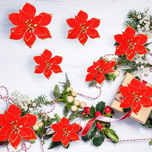 Miniatura 102 de 36 piezas de 3 tamaños de flores artificiales de Navidad con purpurina de Navidad para decoración de árbol de Navidad, Año Nuevo, decoración