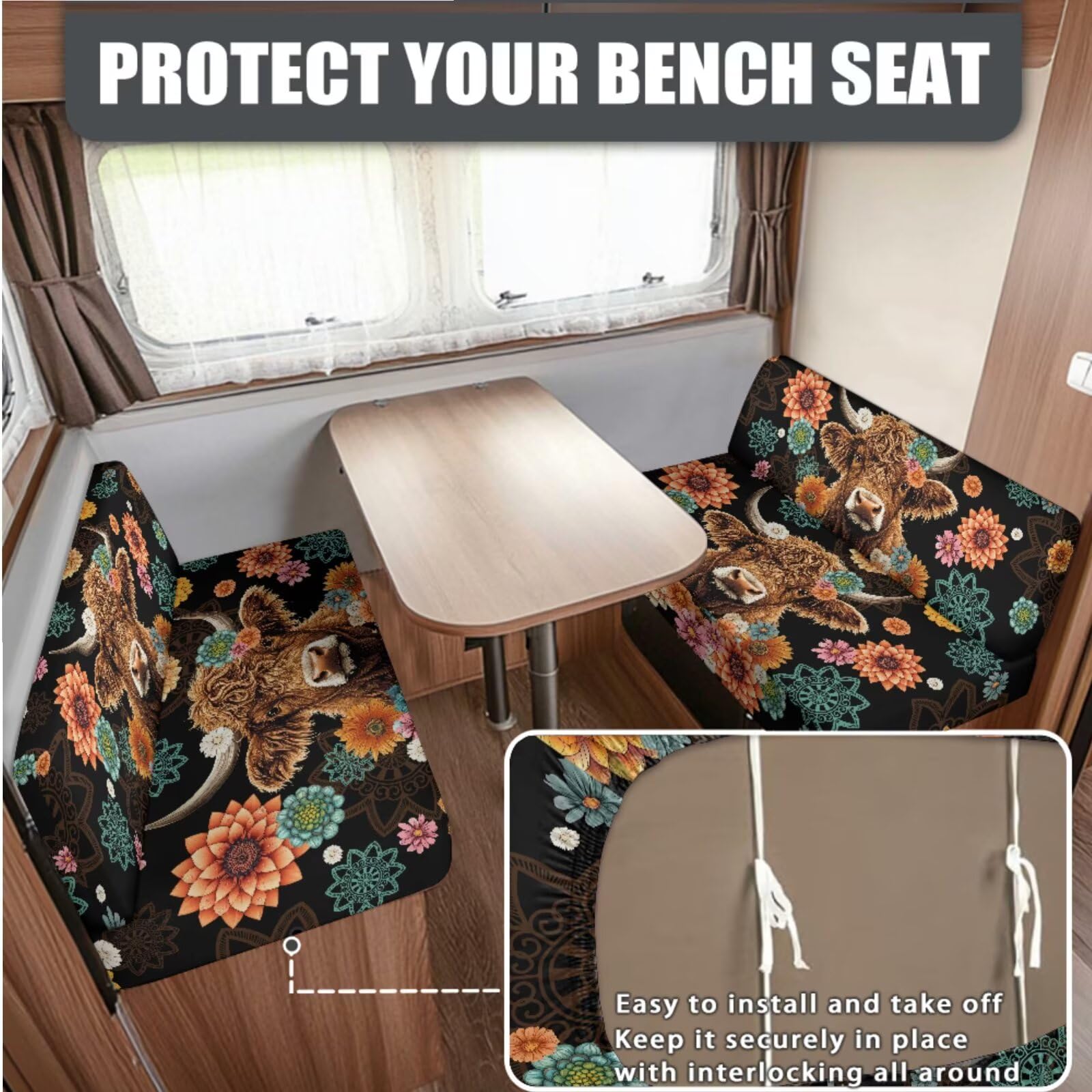 Knextrepoy Highland Cow RV Dinette Cushion Covers 4 Pcs 2 Bench Cover and 2 Backrest Cover, Comfortable Boho Flower Camper Cushion Slipcovers for Outdoor Travel Accessories Decor