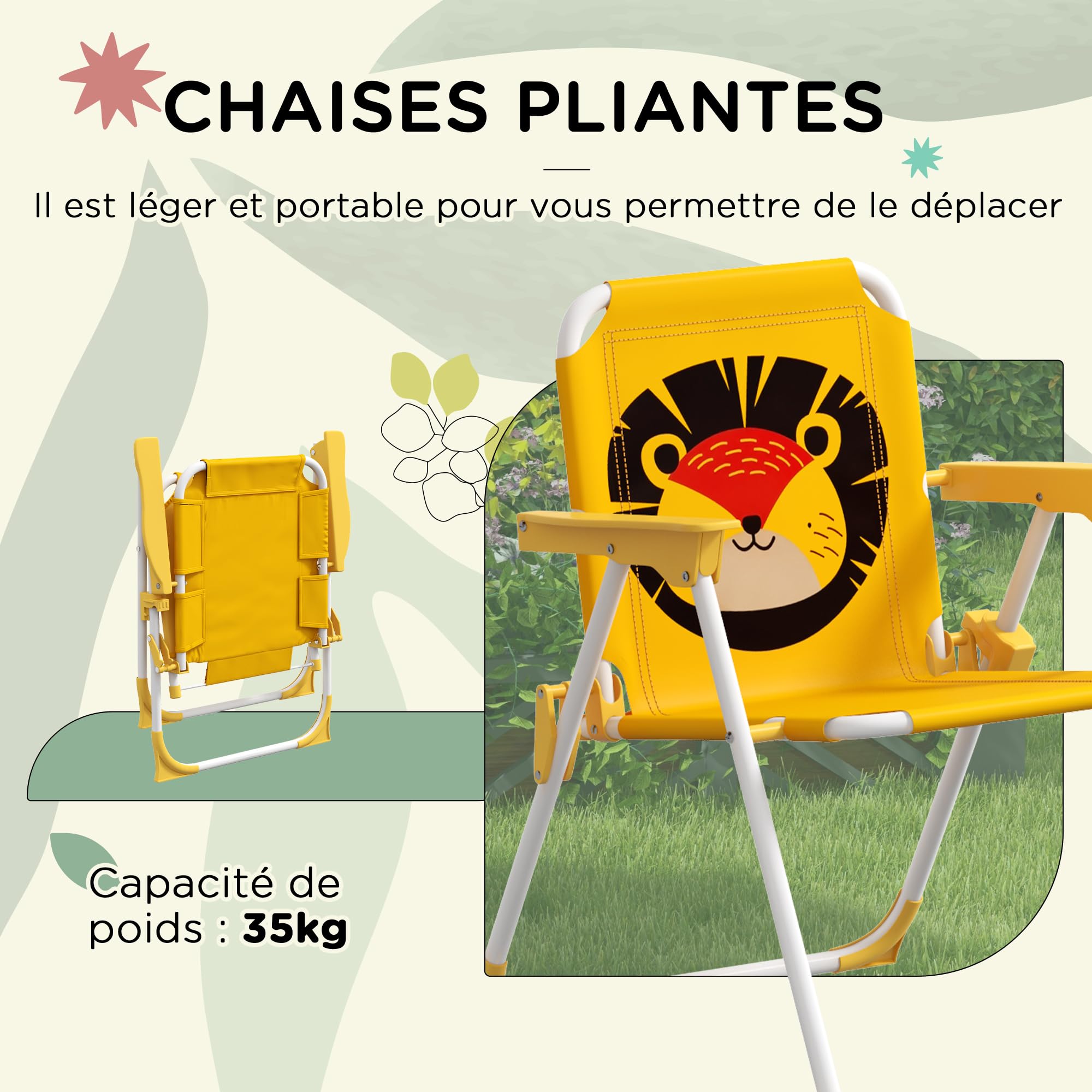 AIYAPLAY Ensemble salon de jardin extérieur enfant, table enfant avec chaise 4 pièces, motif éléphant et girafe, parasol réglable Ø 100 cm, chaise pliable, pour terrasse, balcon, plage, jaune