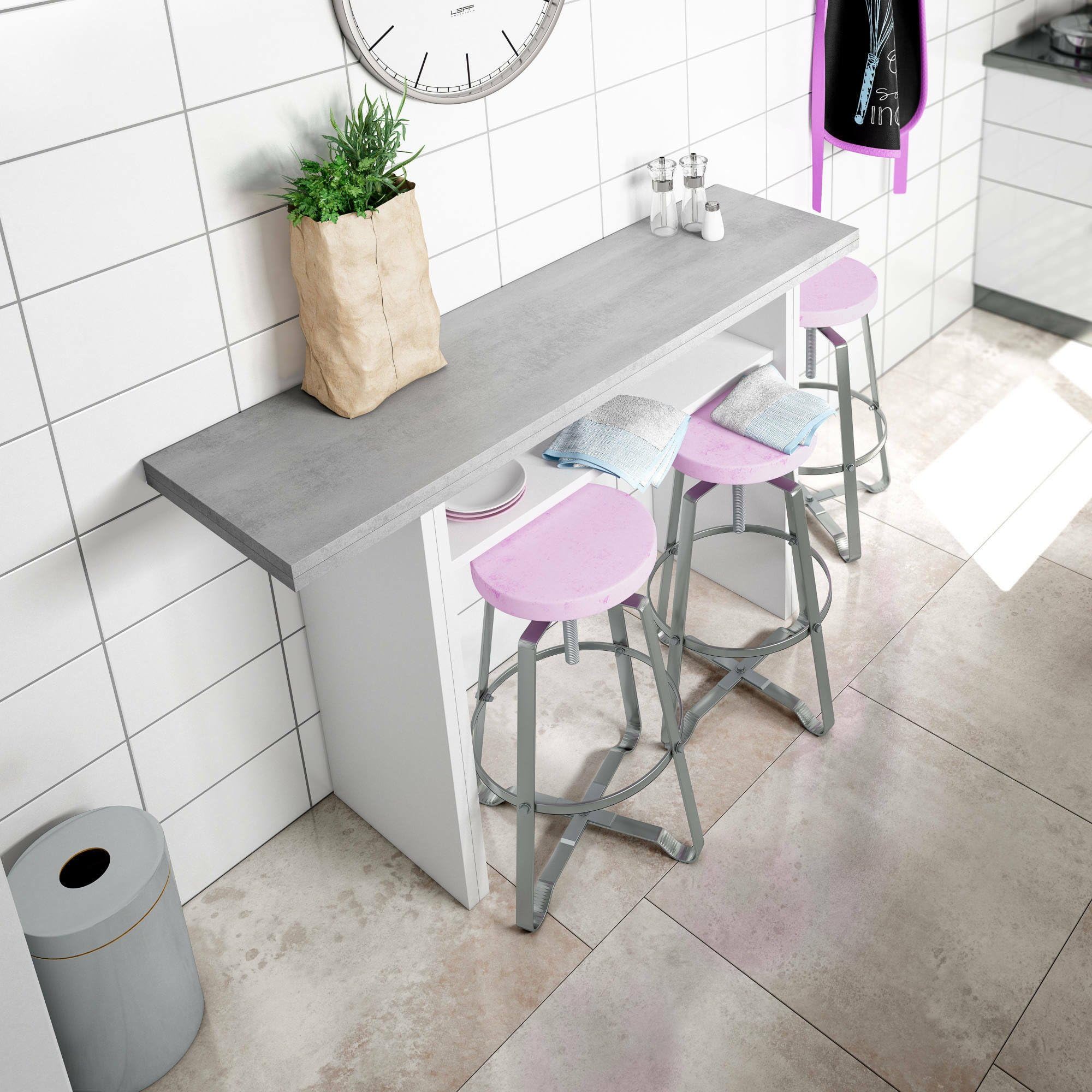 Dmora Tavolo Allungabile Salvaspazio Garland in Legno, 2-4 Posti con apertura a libro e vano contenitore, Per cucina, 35/70h77 cm Bianco Cemento