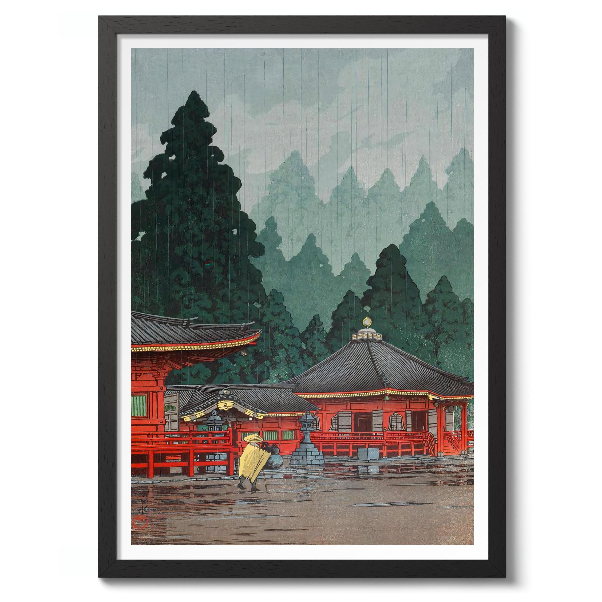 Futatsu Hall At Nikko Kawase Hasui Poster, Japanese Woodblock Ukiyo-E Print, Vintage Art Picture Painting Wall Art Exhibition, Archival Matte, A4 (Black Frame) - 29.7x21cm