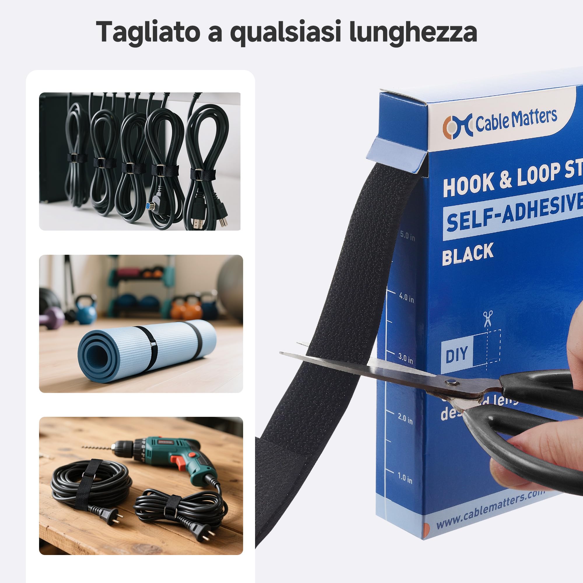 Cable Matters Cinghie a strappo con fibbia, rotolo da 9 m con 45 fibbie metalliche, cinghie regolabili per cavi larghe 25 mm, nero