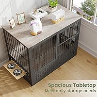 Vista 7 de Mueble de Jaula para Perros de 48 Pulgadas XXL, Perrera de Madera a Prueba de Mordeduras con Ventana Interactiva, Cuencos Ajustables 360°