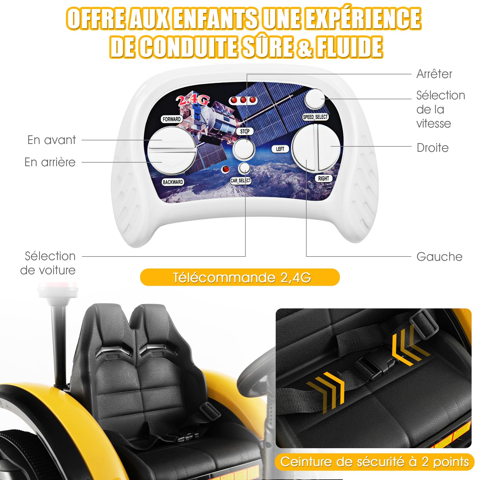 COSTWAY 12V Tracteur Électrique Enfant avec Remorque Amovible & Télécommande 2,4G, Voiture Électrique avec Lumière & Musique, Cheminée & Feu, 3-8 km/h, Charge 30kg pour Enfants de 3-8 Ans