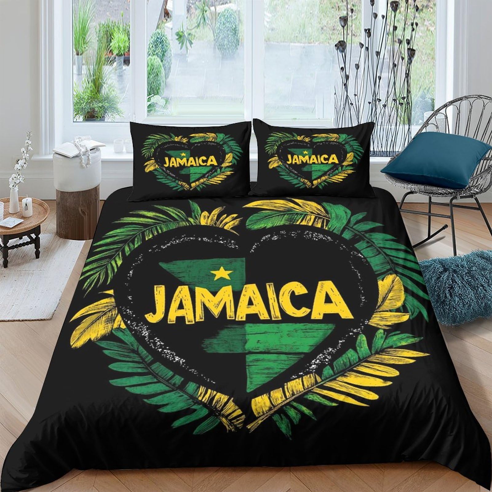 Ctjqhvkz Style-10 3D Printed Jamaica Flag Heart Fitted Sheet Microfiber Soft Breathable Reggae Style Bed Cover Bedroom Decor Single（135X200cm）