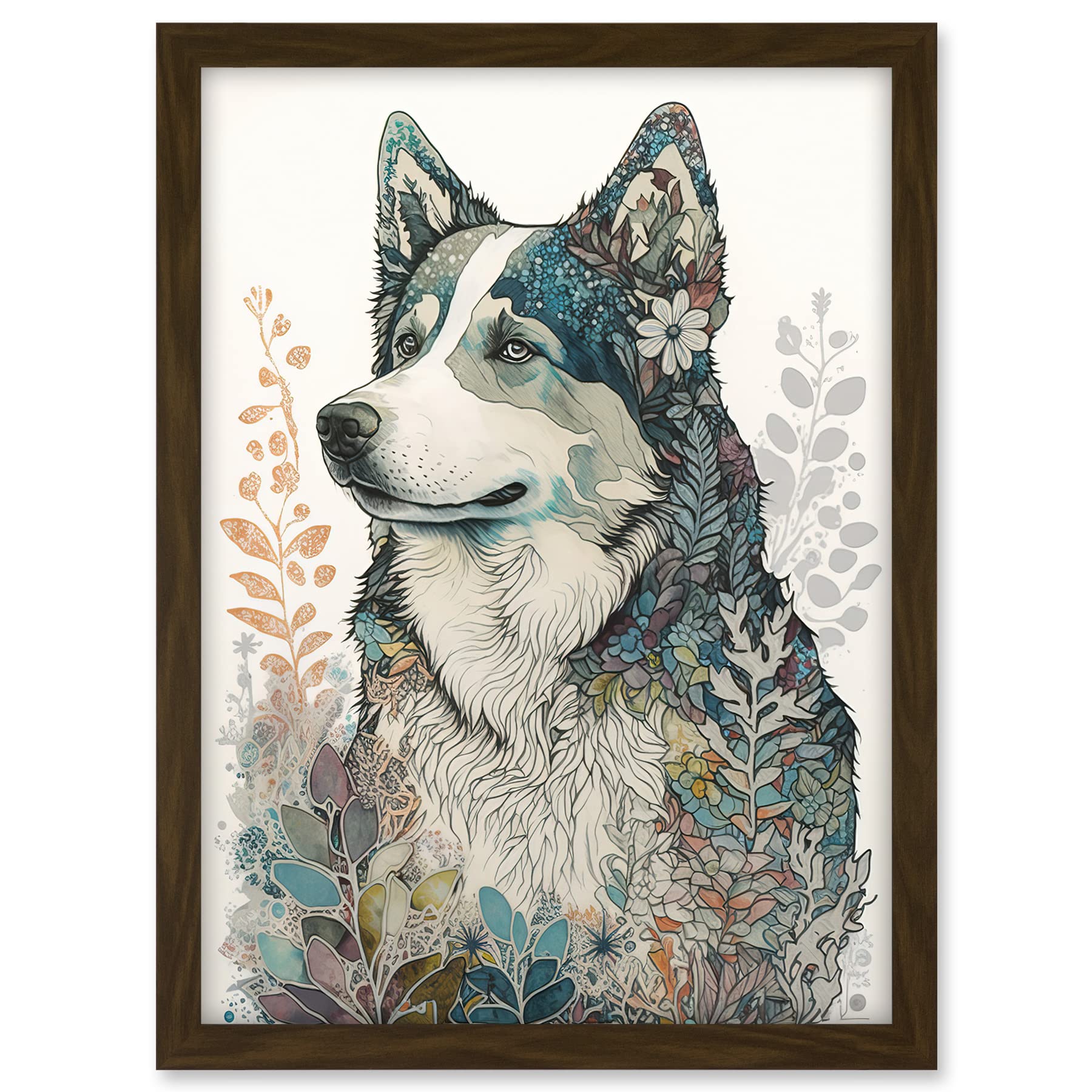 Artery8 Siberian Husky Dog Nature Spirit Animal Modern Multicoloured Illustration Artwork Framed A3 Wall Art Print
