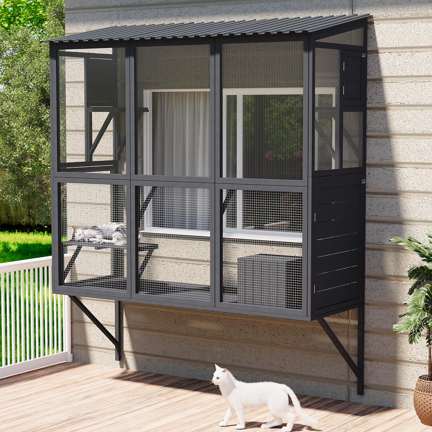 YODOLLA Window Mounted Catio Outdoor Cat Enclosure, Wooden Cat House Grey