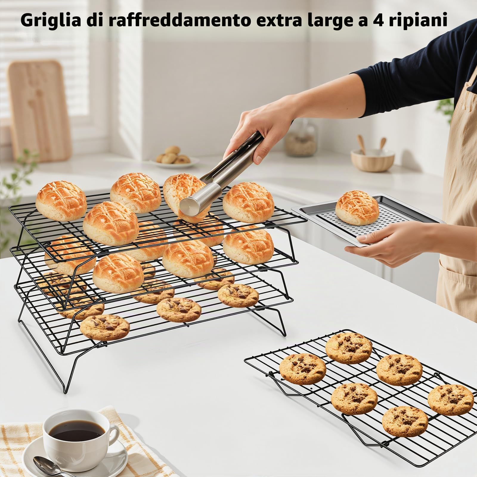 Griglia di raffreddamento a 4 ripiani, pieghevole e impilabile (40 x 25 cm), per biscotti, pane e torte, accessorio per la conservazione salvaspazio