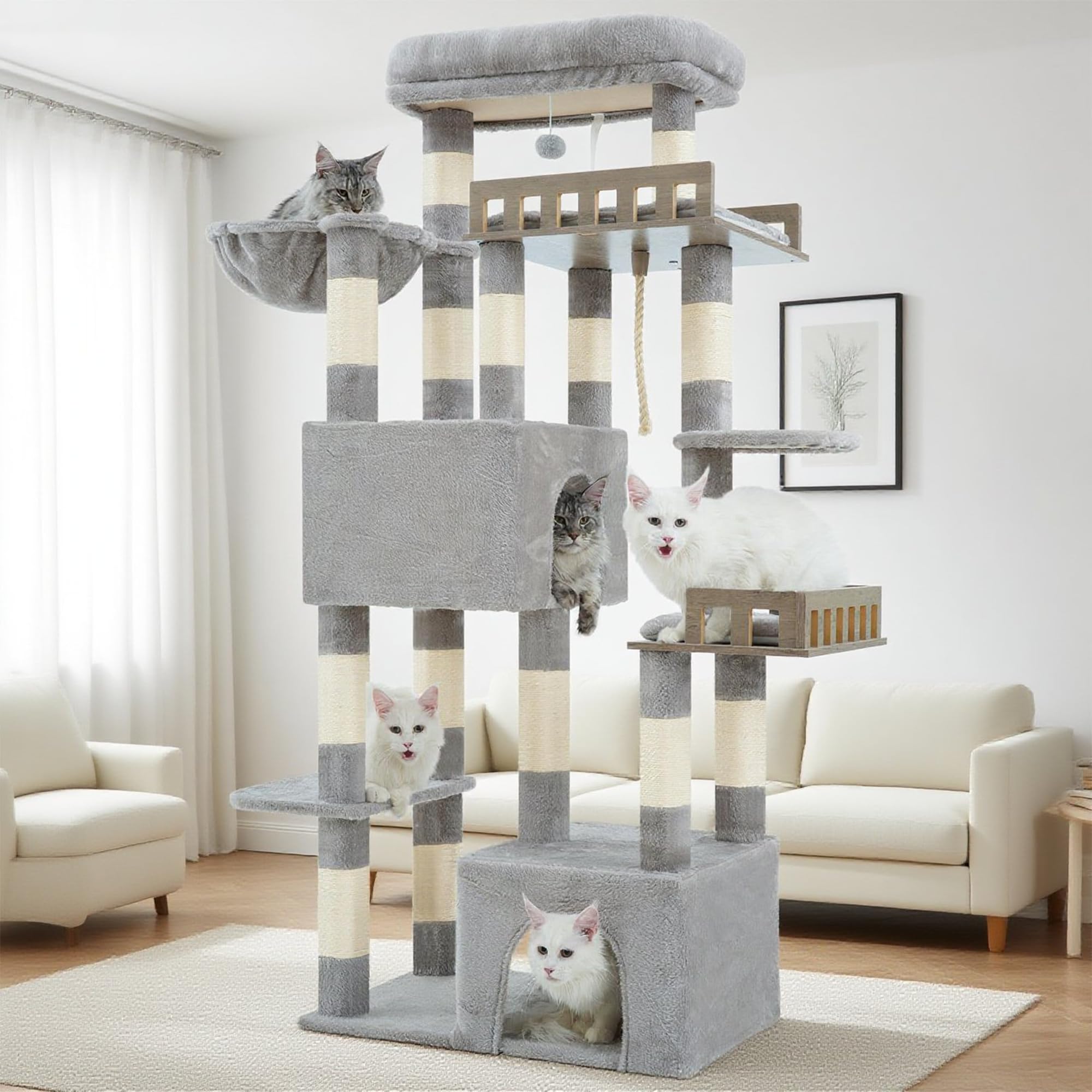 Gitelsnour Kratzbaum groß, Katzenbaum für große ausgewachsene Katzen, 174cm Katzenkratzbaum mit Hängematte, 2 große Sitzstangen, 2 Katzenhöhlen,15 Kratzstangen