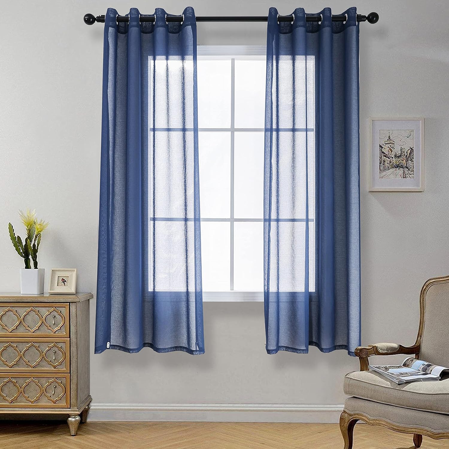 CUCRAF Transparente Gardinen mit ösen Vorhänge Wohnzimmer & Schlafzimmer, H145 x B140cm 2er Set Transluzente Vorhange Blau, Unifarbene Pflegeleichte und Knitterfreie in Leinenoptik