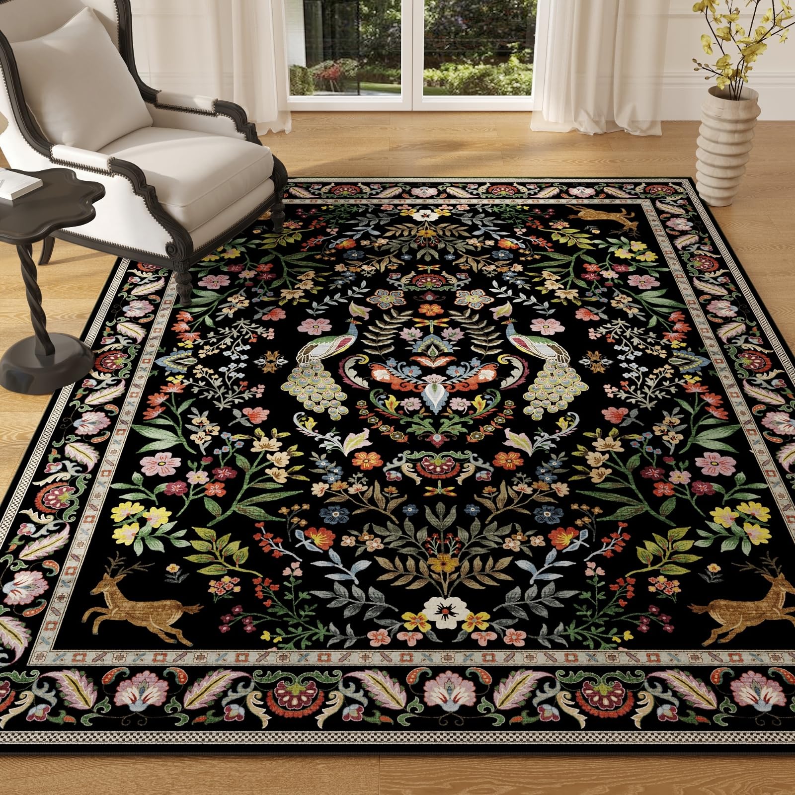 Area Rug 4x6 Rug Washable Rugs Floral Non Slip Low Pile Small Carpet for Bedroom, Bedside, Kids Room, Office, Dining Room (Vibrant Black)