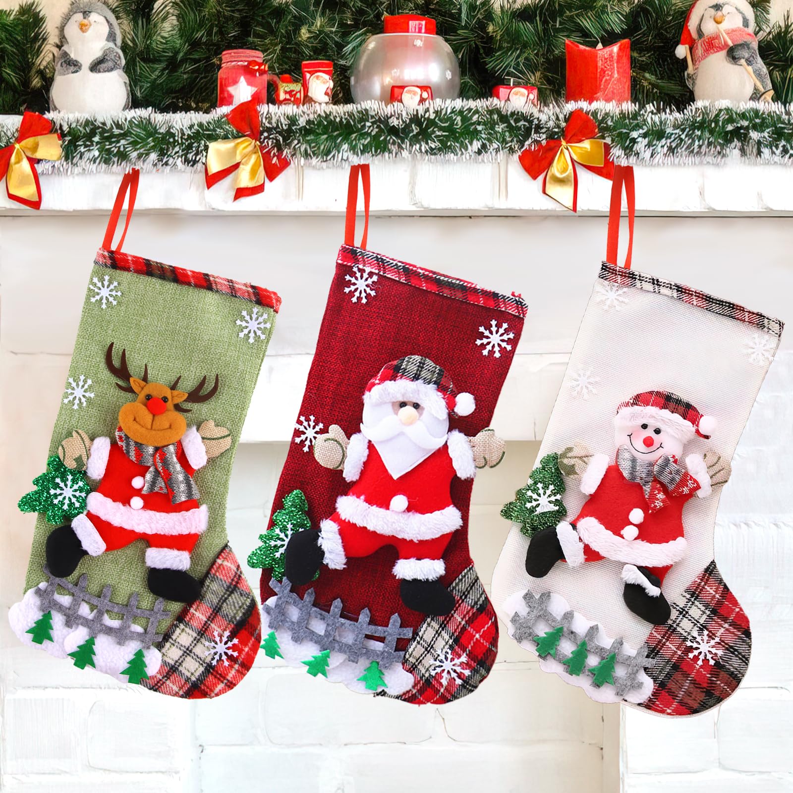 Miya Set Di 3 Calze Di Natale Da Appendere E Riempire - 25 Cm Con Babbo Natale, Pupazzo Di Neve E Renna - Decorazioni Natalizie Per Camino E Albero