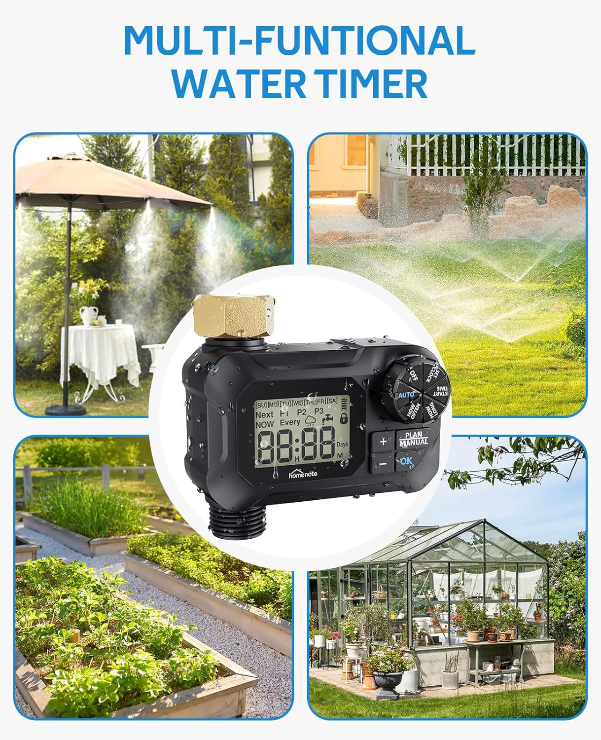 HOMENOTE 46FT (14M) Misting Cooling System with Timer, 20 Pack Brass Misting Nozzles 0.0079" Orifice (0.2 mm), Outdoor Mister for Patio Outside Garden Greenhouse Watering