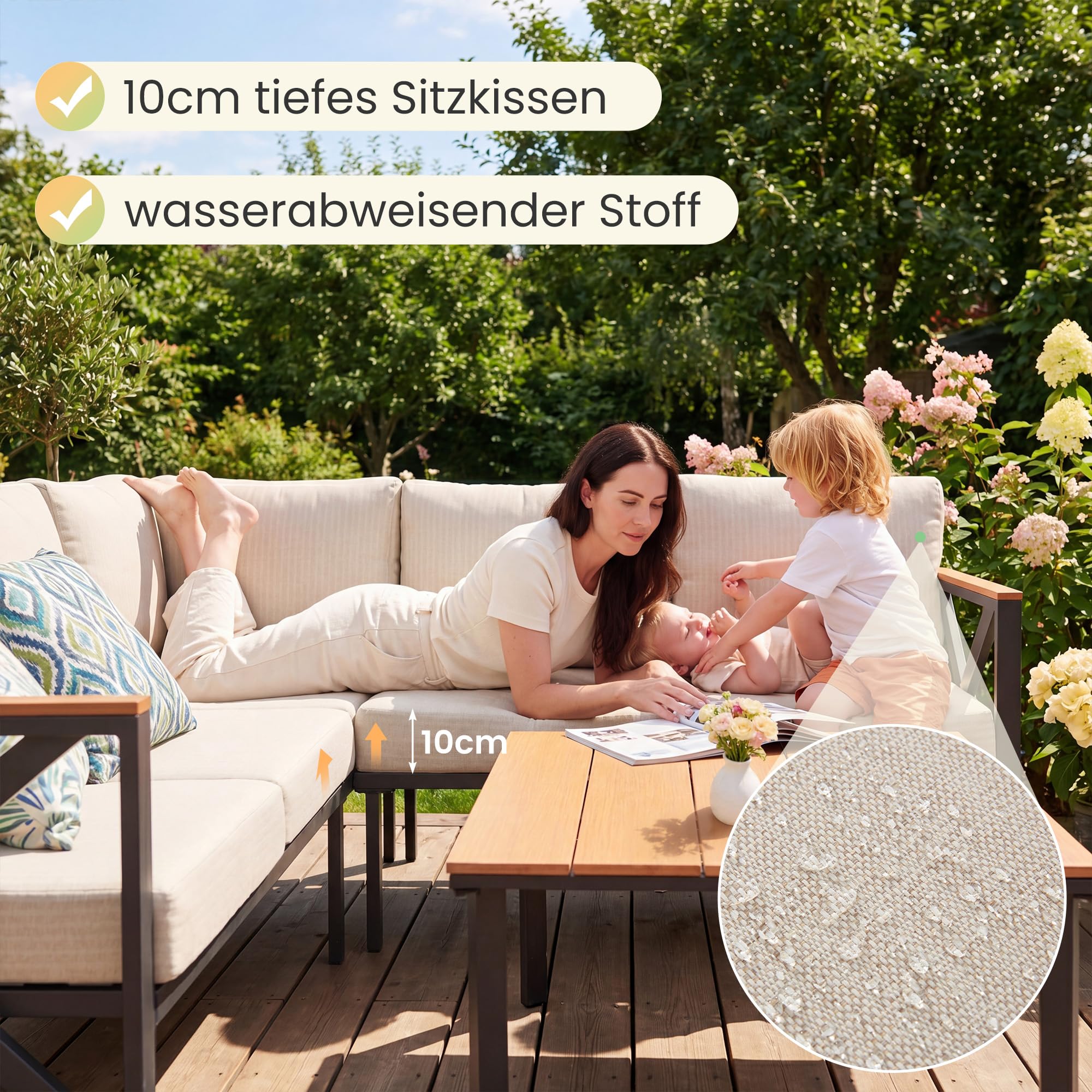 Metal Gartenmöbel Set,6-Teiliges,L-Form Outdoor Sofa mit Couchtisch und 10cm Olefin-Schaumstoffkissen,Wetterfest Lounge für Garten,Terrasse,Pool,Unterhaltungssets bis 6 Personen,Beige