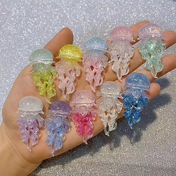 10 Pieces Jellyfish Decor, Fluorescent Jellyfish Figure, Colorful Resin Crystal Shimmer Decoration, DIY Jewelry Accessories, Craft Supplies, Marine Animals, Glow Under UV Lamp