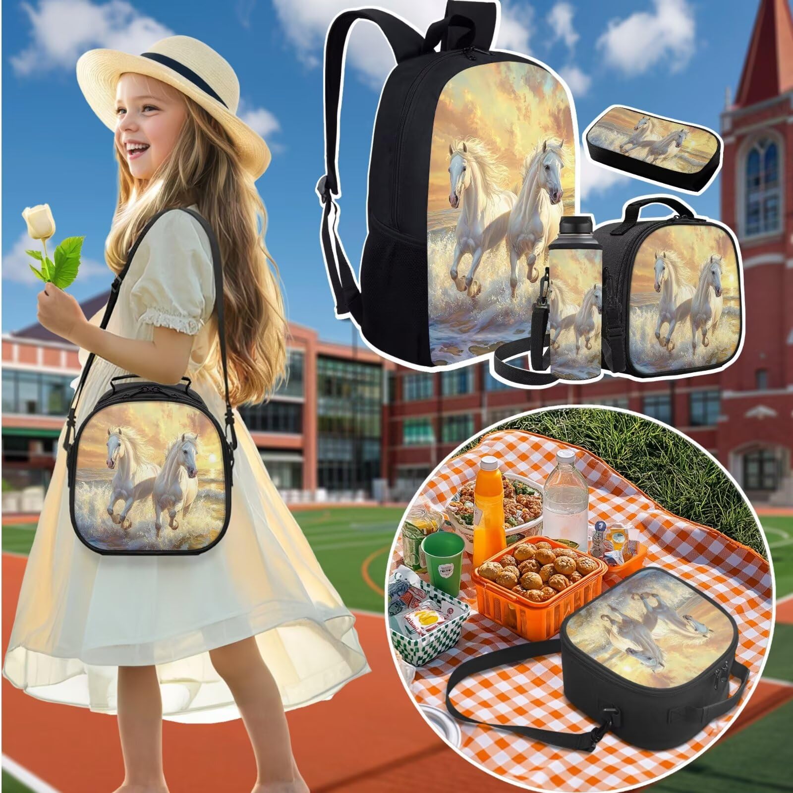 Juego de mochila escolar y bolsa de almuerzo para niños, con estuche para lápices, funda para botella de agua, Caballo blanco, Talla única