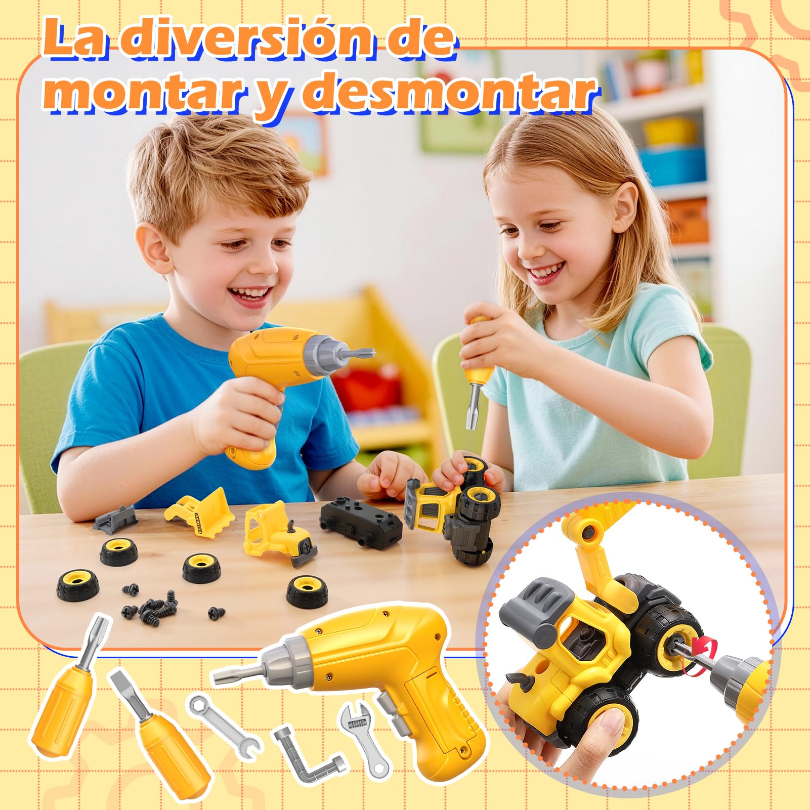 Juguetes para Niños 3 4 5 Años: Banco de Trabajo con Taladro Eléctrico Realista, Vehículos de Construcción Desmontables y Disfraz de Constructor Juguete Educativo STEM, Regalo para Niños de 3 a 5 Años
