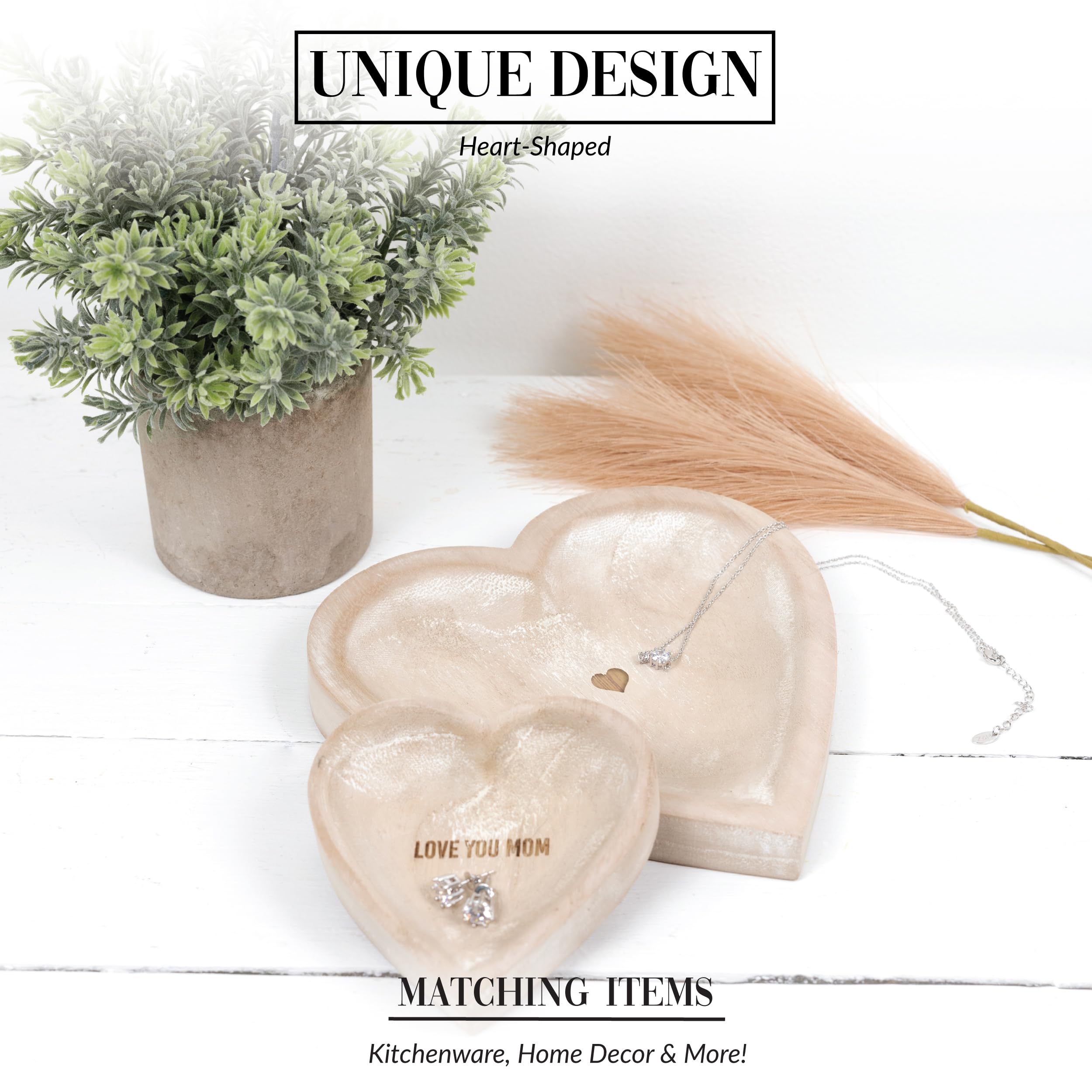 Pavilion - Love You Mom - Plato de recuerdo de madera de paulownia en forma de corazón, decoración neutra para el hogar, baño, dormitorio, joyería, anillo, aretes, pulsera, collar, cuenco decorativo,