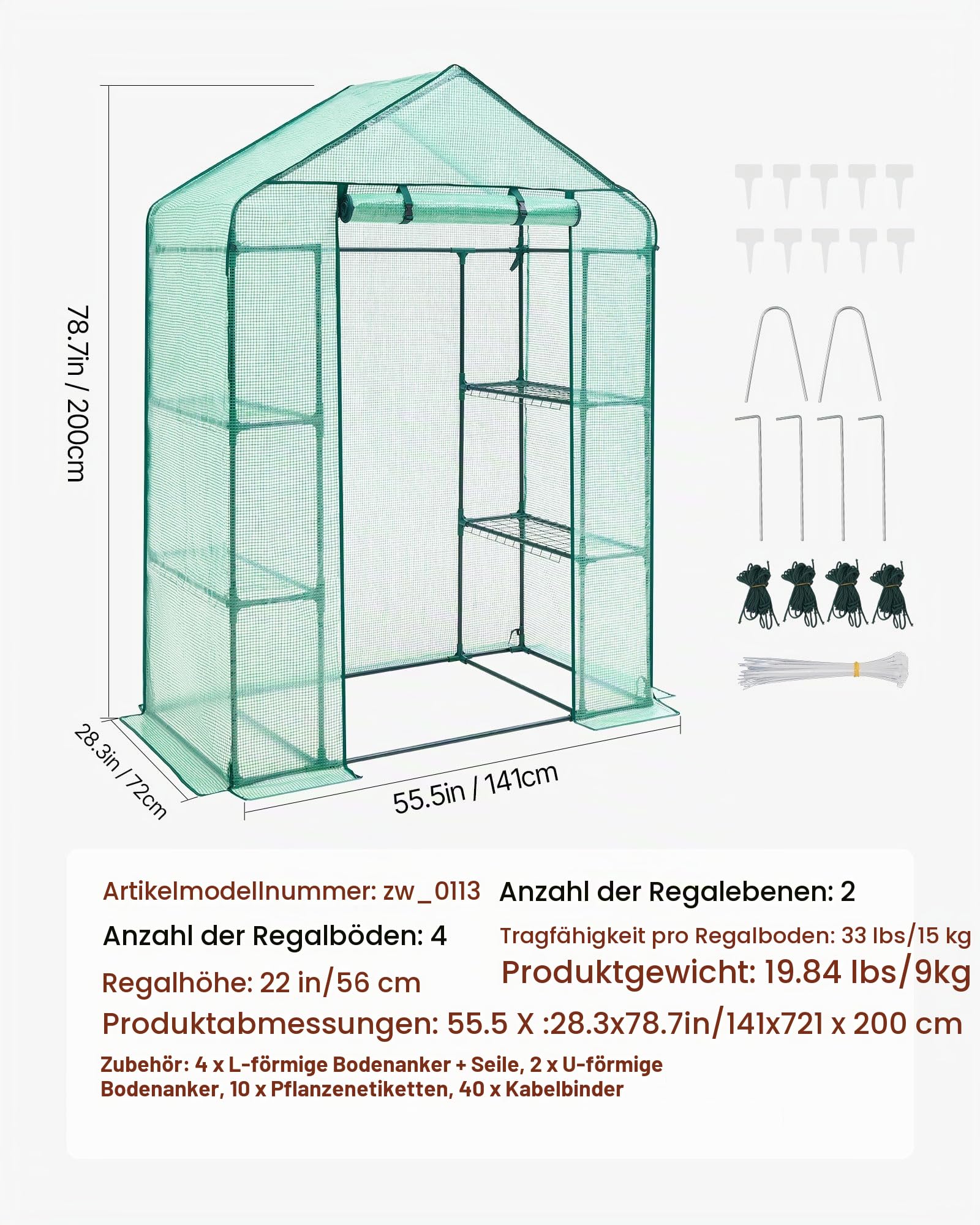 VEVOR Begehbares Gewächshaus, 1,4 x 0,7 x 2,0 m Gewächshaus mit Regalen, Aufbau in Minuten, hochfeste PE-Abdeckung mit Tür & Fenstern und Stahlrahmen, geeignet zum Bepflanzen und Aufbewahren, Grün