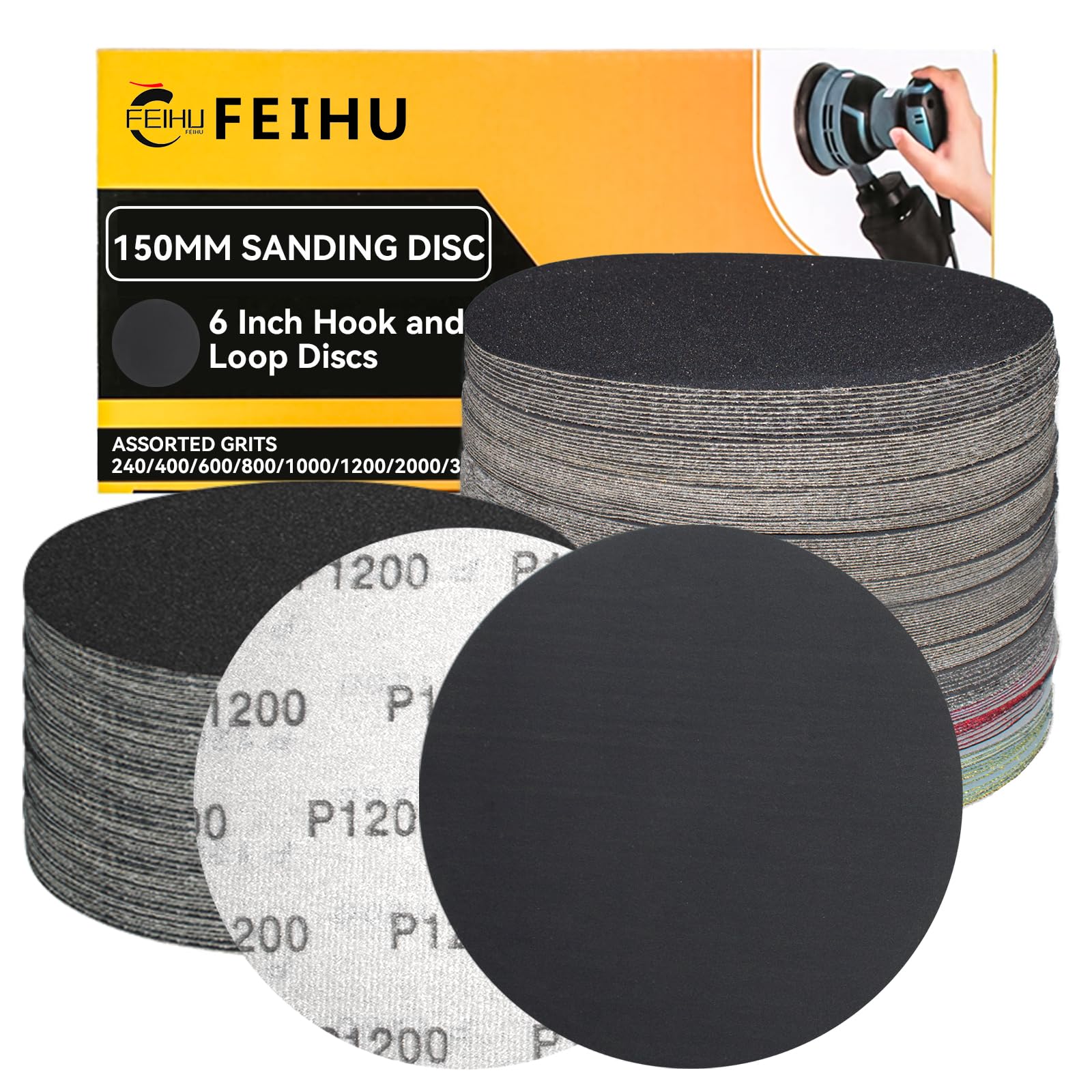 FEIHU 30PCS 1200 Grits Sanding Discs 150mm, 6 Inch Hook and Loop Sanding Pads for Circular eccentric sander and suitable for sanding wood and polishing metal