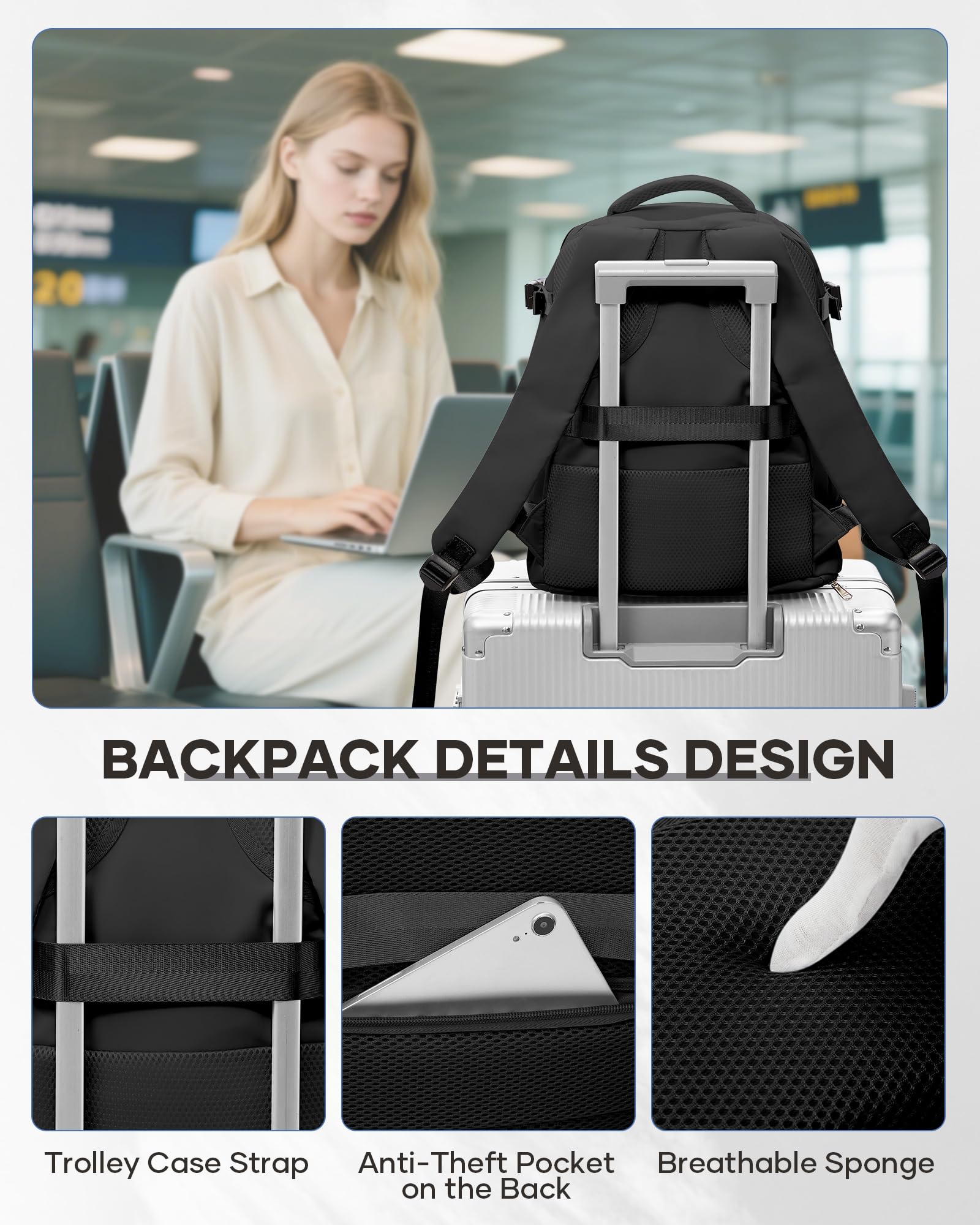 HPLQQ Borsa da Cabina per Ryanair 40x30x20 Zaino Sottovuoto da Viaggio con Pompa Aereo Bagaglio a Mano per Easyjet Impermeabile Lavoro e Scuola Trekking Casual Daypack per 14" laptop,B01-Nero