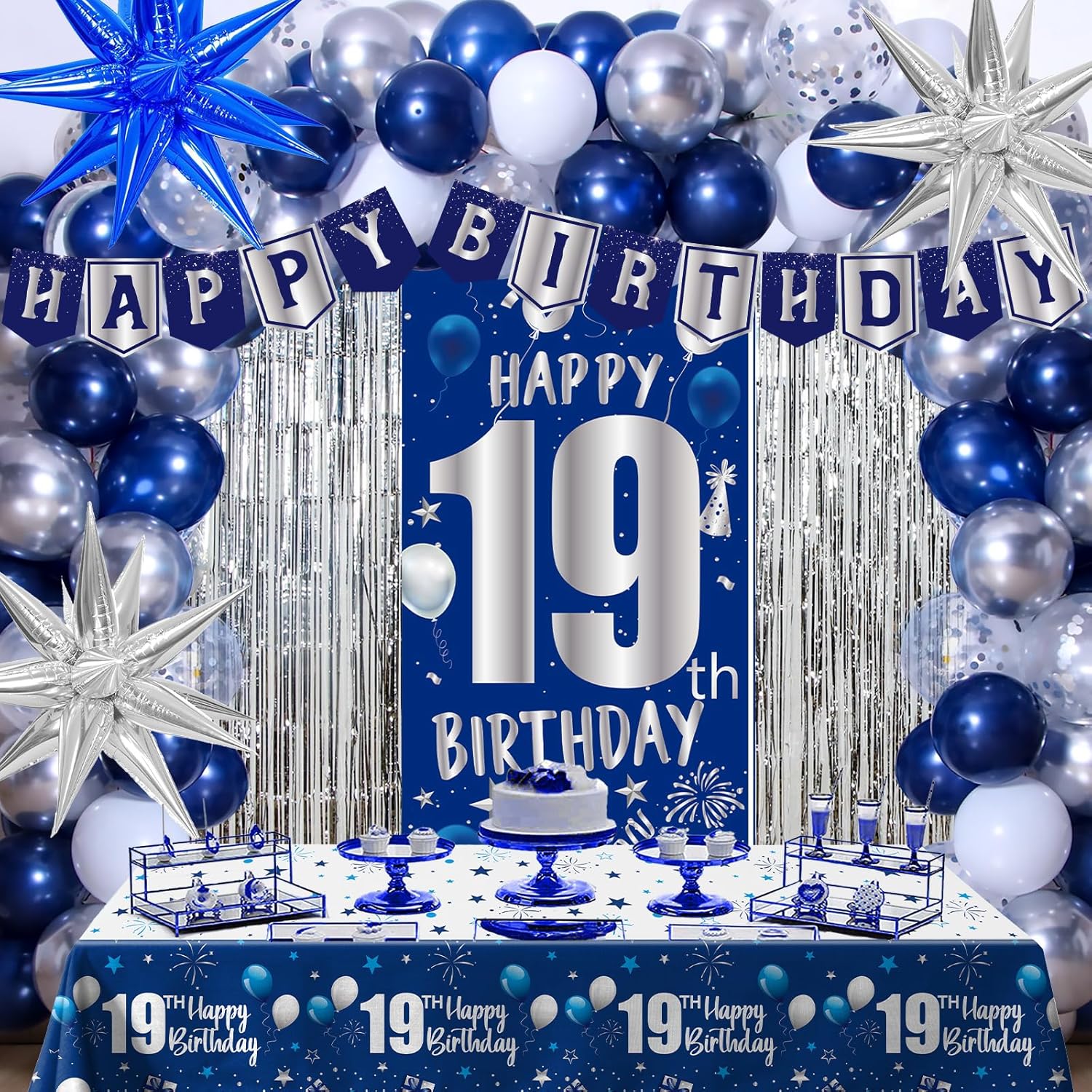 19th Birthday Decorations Boy, Blue Happy 19th Birthday Decorations for Boys Girls 19 Birthday Door Banner, 19th Bday Party Balloons for Men, Tablecloth Foil Backdrop Star Balloons for 19 Year Old