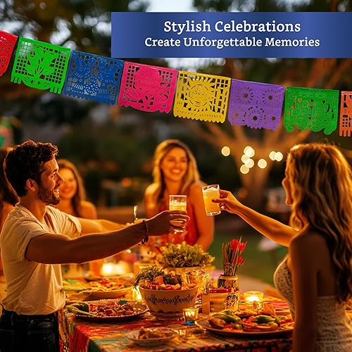 Miniatura 5 de Pancartas de fiesta mexicana (paquete de 5 con 10 banderas de plástico por bandera), papel picado mexicano para fiesta, papel picado de plástico,