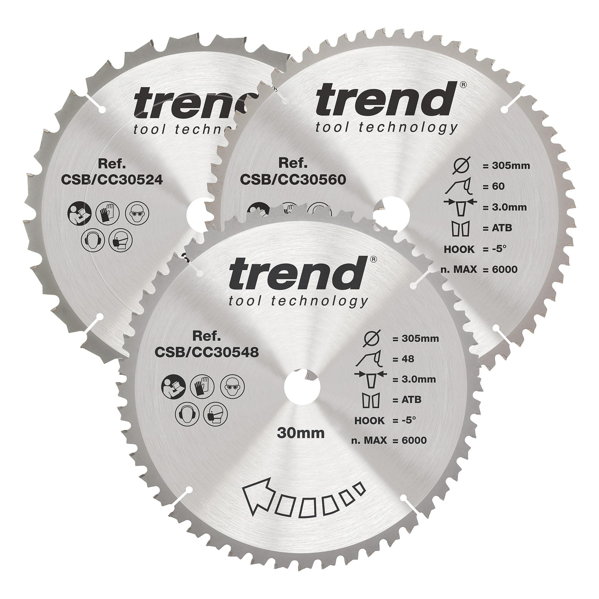 Trend Wood Mitre Saw Blade, 305mm Diameter, 30mm Bore, 24/48/60 Teeth, 3.0mm Kerf, -5° Hook, TCT, Coarse/Medium/Fine Finish, 3 Pack, CSB/CC305/3/A
