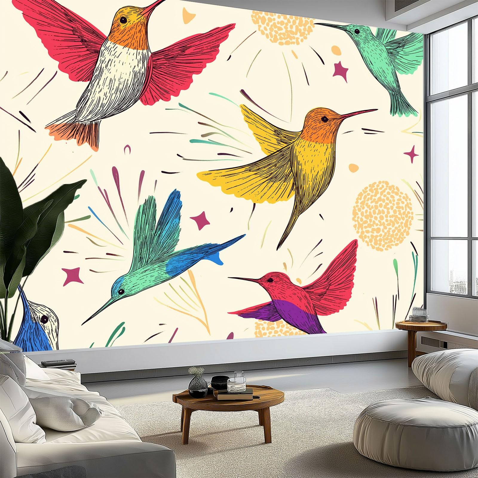 Papier peint colibri intissé haut de gamme fresque crème