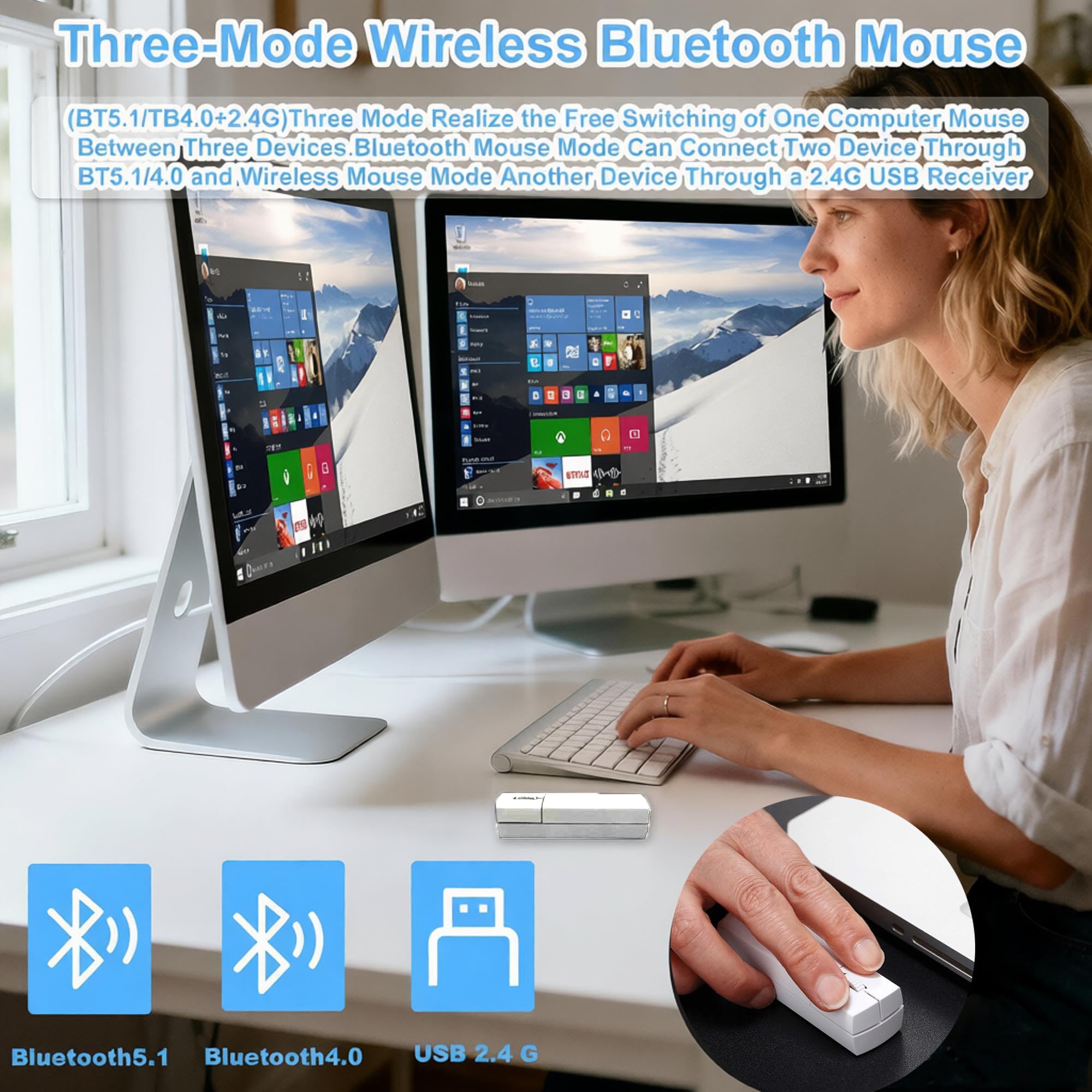Mini-Bluetooth-Maus, kabellos, leise, Bluetooth 5.1/4.0 + 2.4 G USB, 2-in-1 tragbarer Seitenumkehrer, tragbare Air-Maus, wiederaufladbare Reisemaus mit Schutzbox, 1200 DPI Computer-Fingermäuse, Weiß