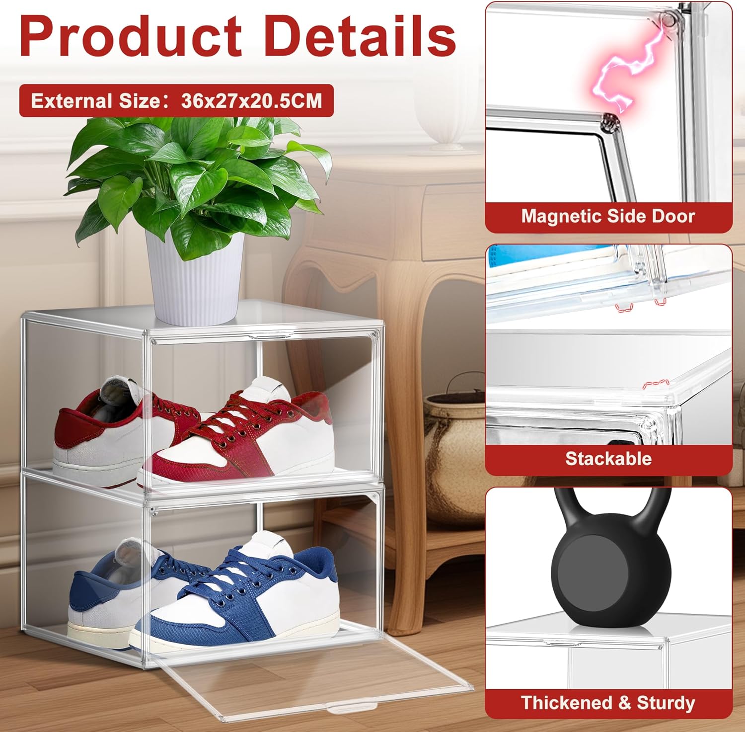 12 Pack Clear Shoe Organizer for Closet, Large Stackable Sneaker Boxes Shoe Display Box Handbag Organizer Plastic Storage Bins with Magnetic lids