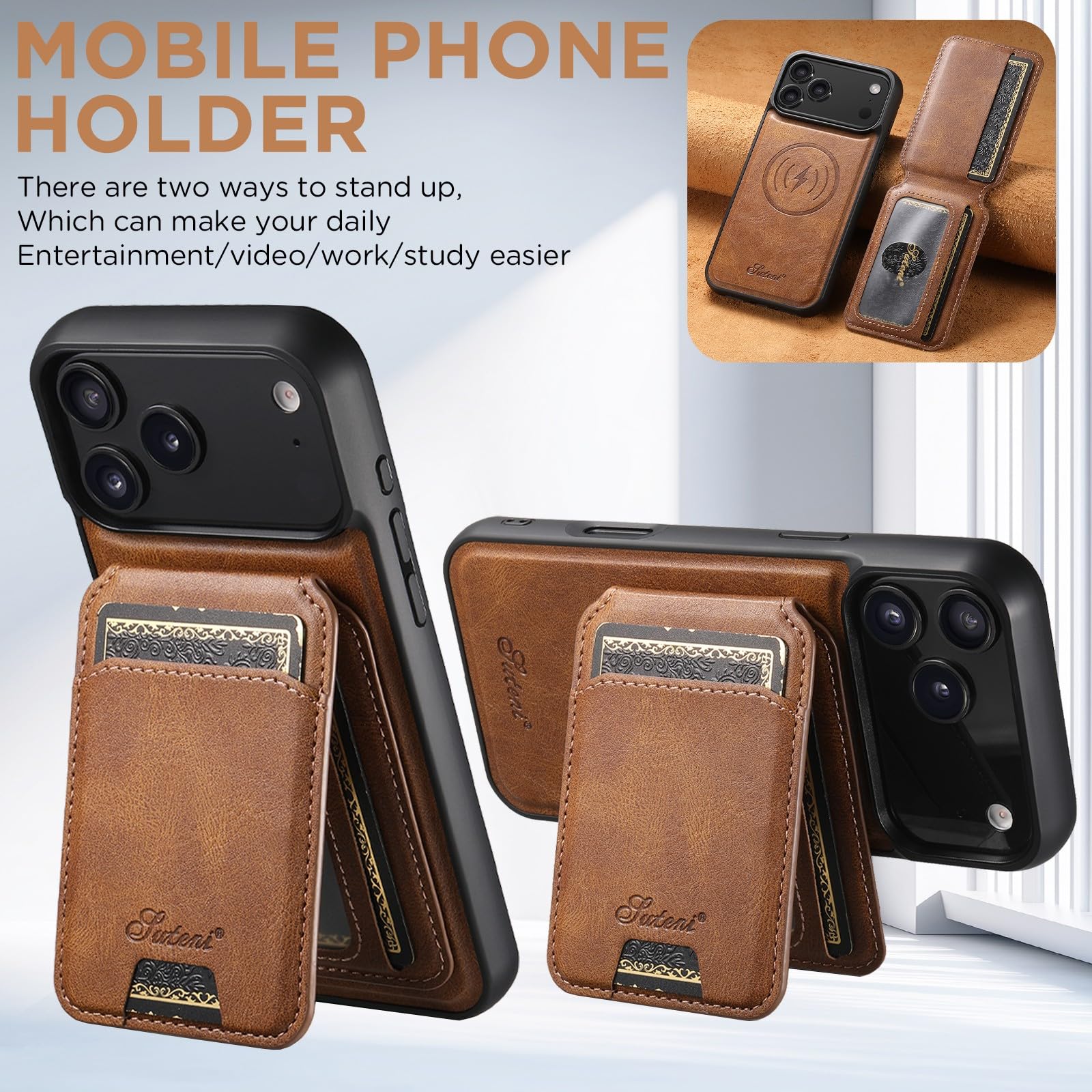 Generic Funda compatible con iPhone 15 (color: marrón) magnética de piel con función atril y tapa trasera de silicona