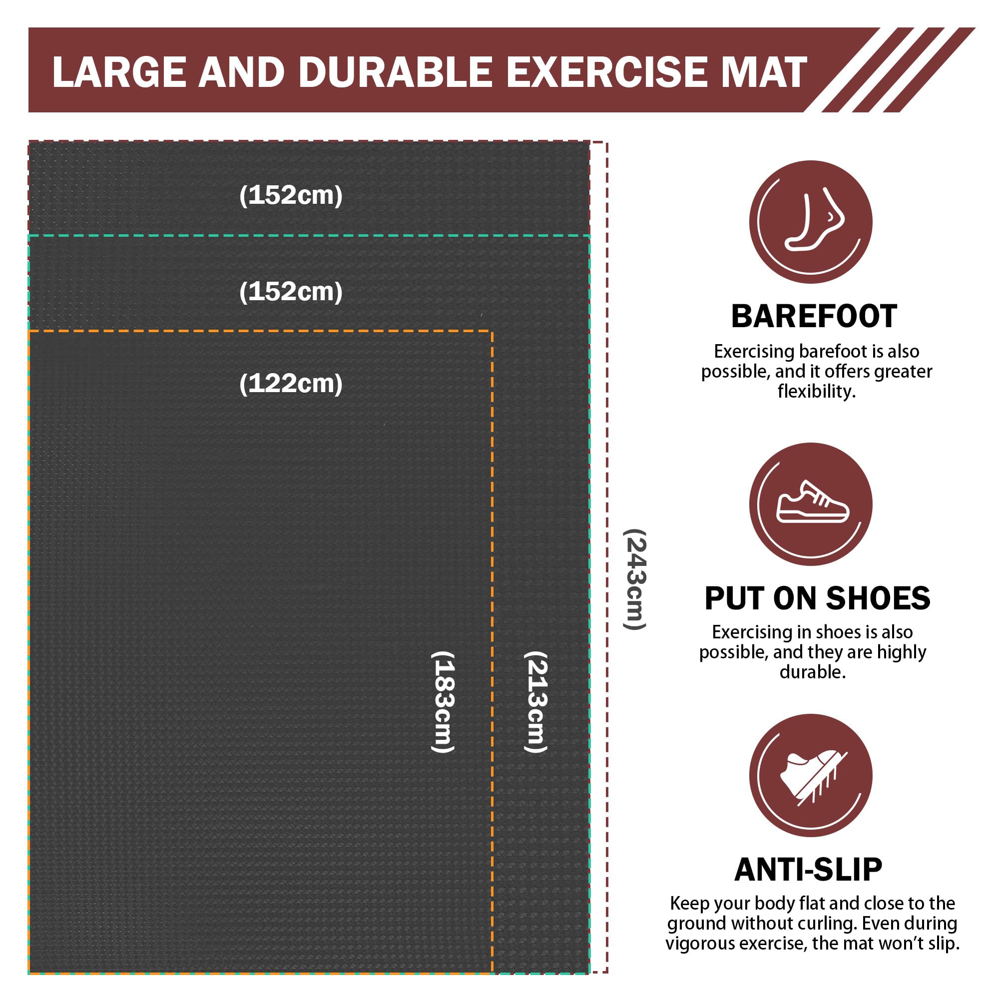 Stepwaver Alfombrilla de fitness XXL, 183 x 122 / 213 x 152 / 243 x 152 cm (6 mm) de grosor para estudio en casa y suelo de garaje, esterilla deportiva antideslizante, ultra duradera, esterilla de