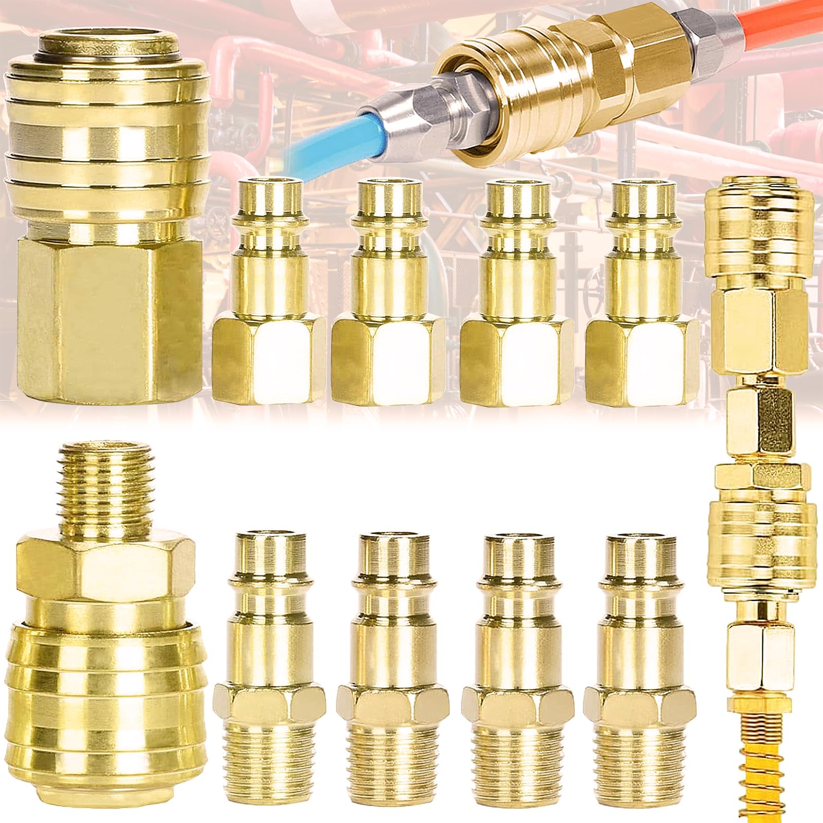 Begpoee 10 Piezas Conector Aire Manguera Compresor, Acoplador 1/4" BSP/NPT, Euro Acoplamiento Rápido, Conector Neumático (Oro)