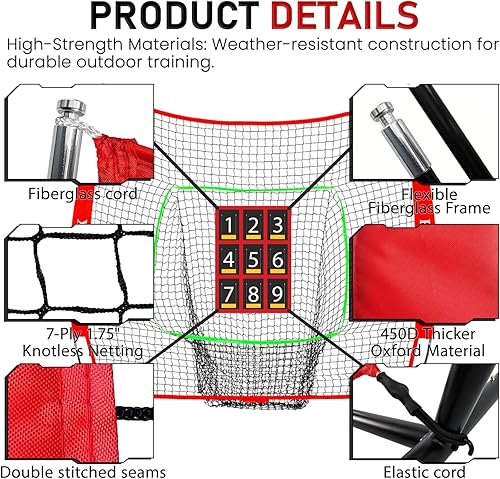 Miniatura 3 de Red de práctica de béisbol y sóftbol de 7 x 7 pies con 9 zonas de strike numeradas  Red de entrenamiento PRO para golpear, lanzar y batear  con