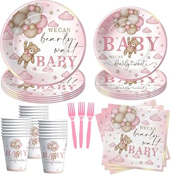 Pink Bear Baby Shower Decorations Tableware Girl - Bear We Can Bearly Wait Baby Shower Decorations Supplies, Paper Plate, Cup, Napkin, Disposable Forks | Serves 24
