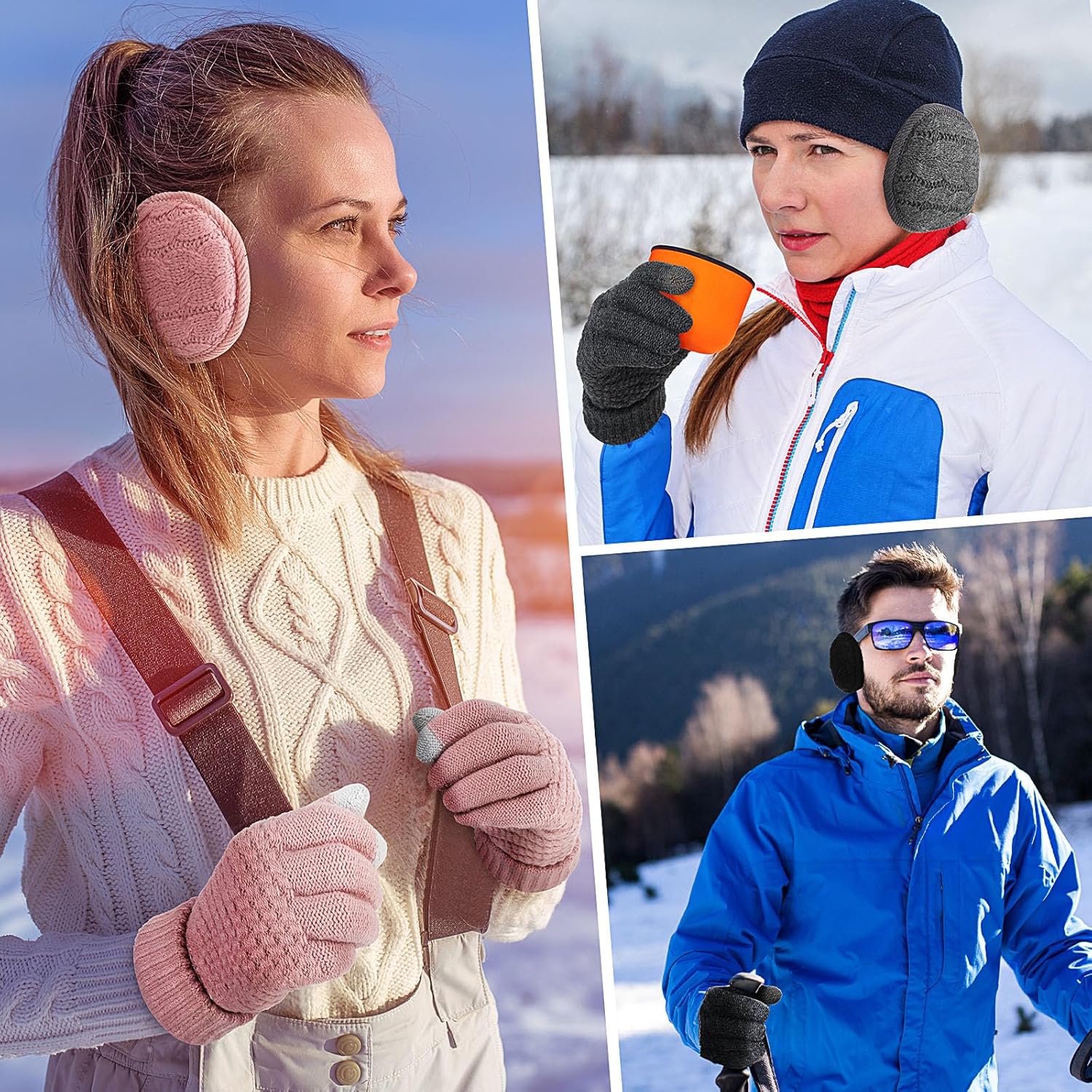 Riyiper 12 Pcs Winter Knit Earmuffs and Gloves Set, Foldable Fuzzy Fleece Lined Ear Warmer Adjustable Earmuffs Warm Touch Screen Gloves for Outdoor Women and Men Unisex - Image 6