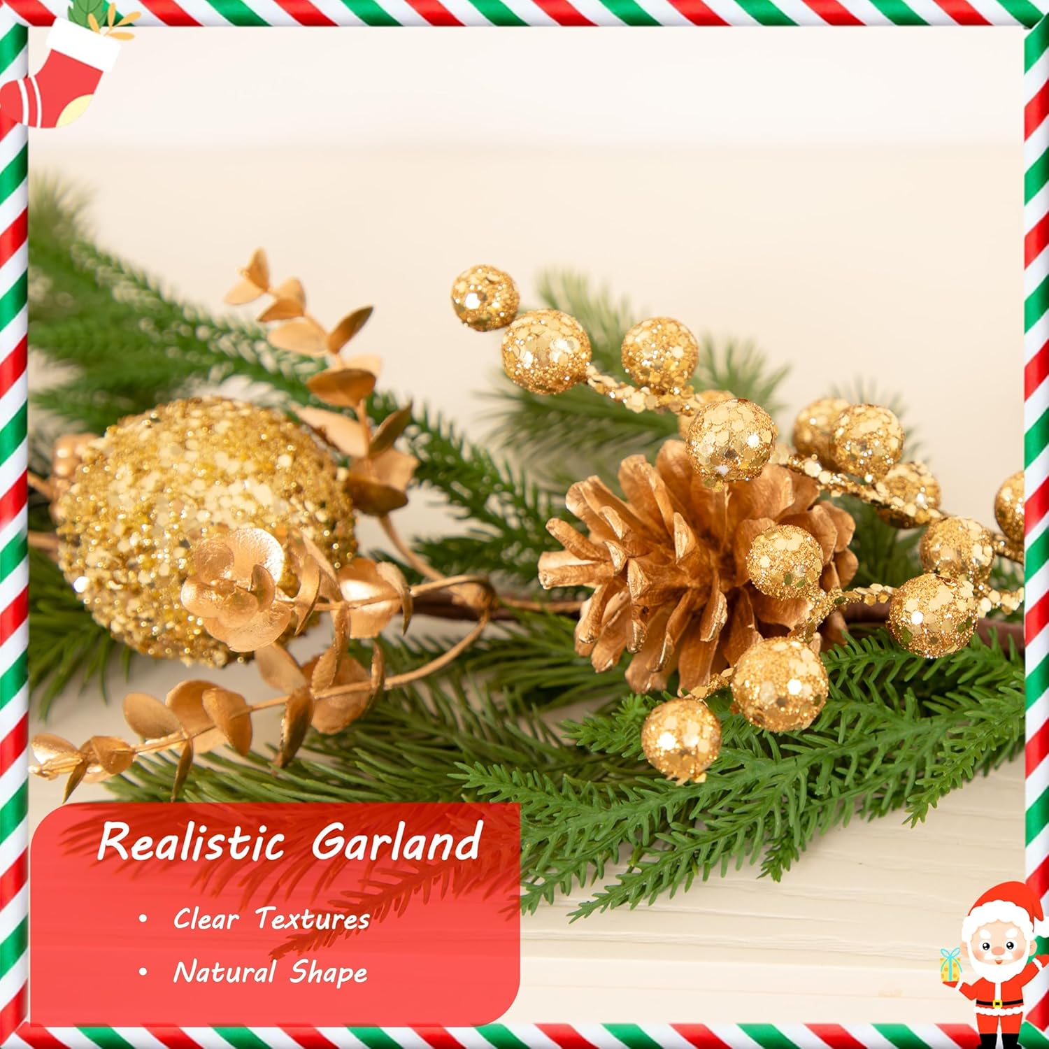 6ft Soft Real Touch Christmas Garland, Realistic Artificial Christmas Garland with Champagne Berries, Pine Cones and Balls, Faux Garland for Mantel, Table, Stair Indoor Outdoor Christmas Decor - Image 2