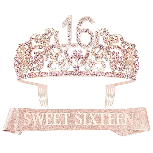 VeryMerryMakering Banda y tiara de cumpleaños número 16 para niñas, juego fabuloso banda con purpurina + flores de diamantes de imitación rosa tiara
