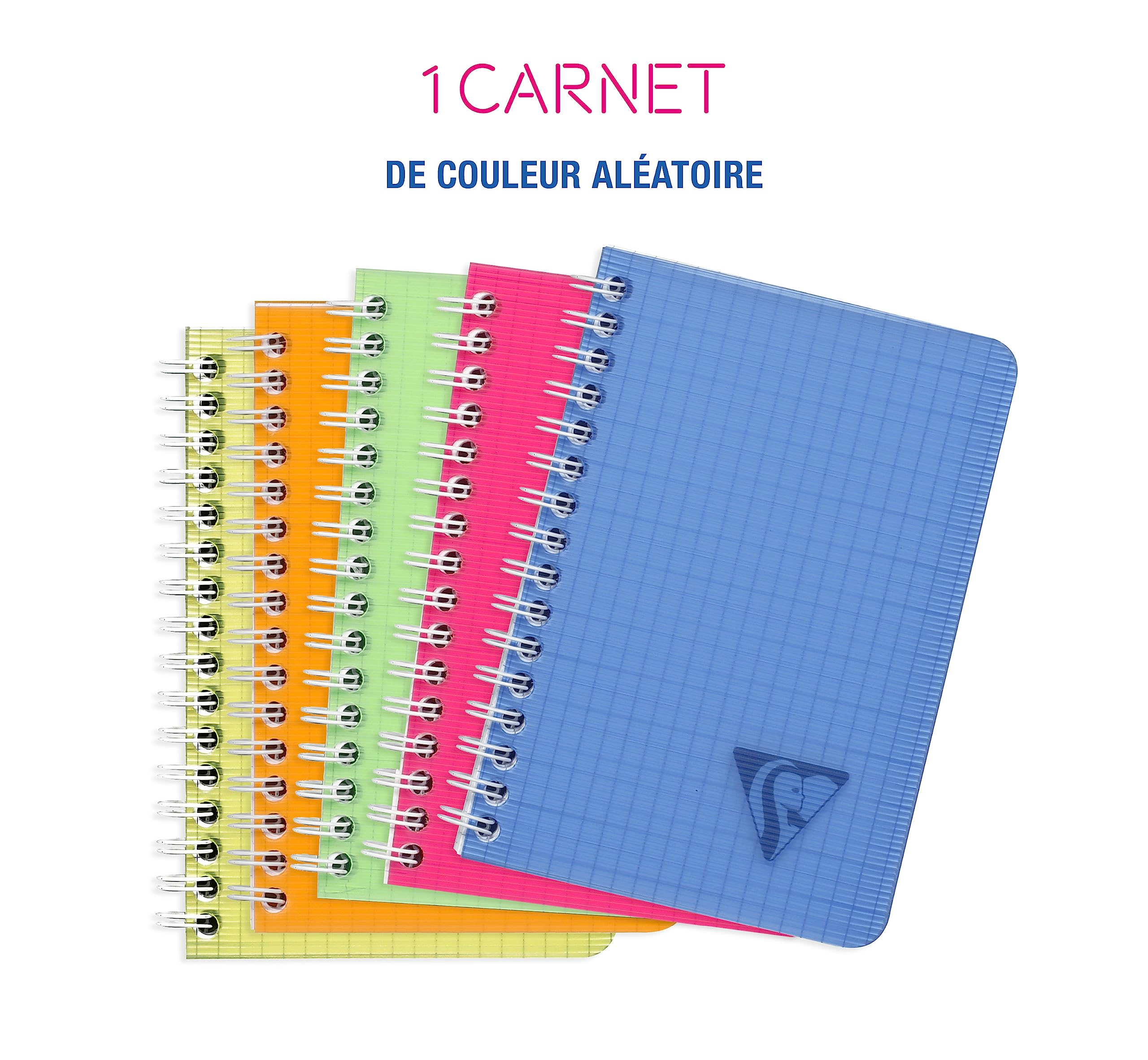 Clairefontaine Collection Linicolor Fresh Carnet à Spirale 9x14 cm 100 Pages Petits Carreaux Papier Blanc 90 g Couverture Polypro Transparent Couleur Aléatoire