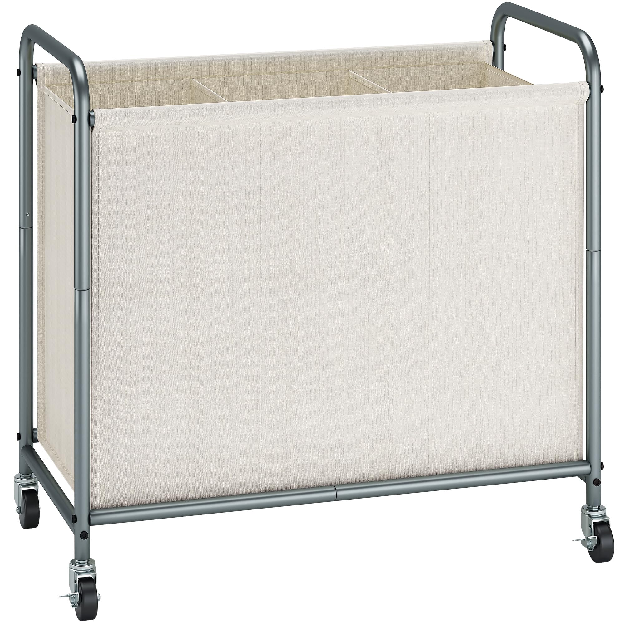 STORAGE MANIAC Rolling Laundry Hamper, 165L Laundry Basket with Lockable Wheels, Triple Clothes Sorter Cart, 3 Bag Clothes Separator Hamper for Closet, Bathroom, Laundrys Room, 3 Section Beige