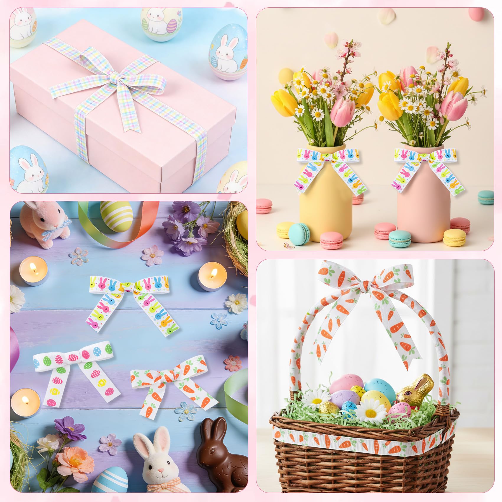4 Rolls Easter Ribbon for Wrapping Printed Eggs Bunny Rabbit Carrot Checkered Grosgrain Gingham Spring Ribbons 7/8 Inch 20 Yds Blue Pastel for Crafting Home Decor Gift Basket Easter Crafts Bouquet - Image 3
