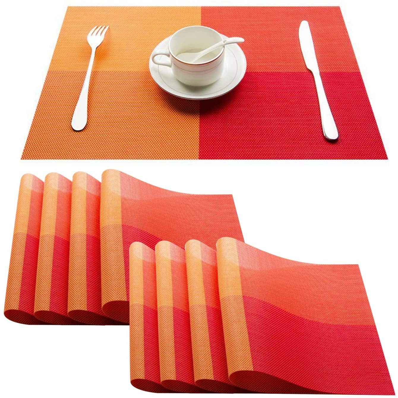Non-Slip Washable PVC Heat Resistant Table Mats/Placemats Set of 6 (Orange)